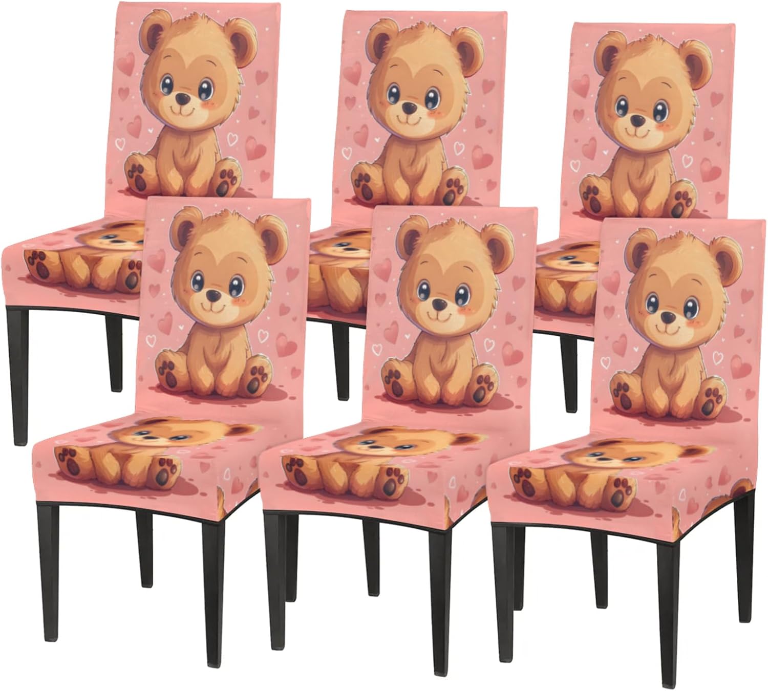 QsirBC Cute Bears Lovers Stretch Dining Room Chair Covers Set of 6 Chair Slipcovers Removable Washable Kitchen Seat Covers Chair Protectors for Hotel Party Wedding