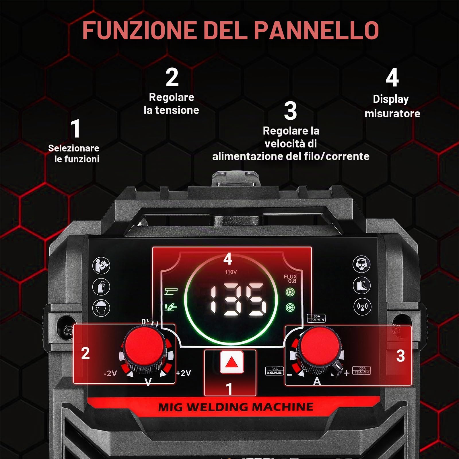DEKOPRO Saldatrice 220V 135A MIG-Lift TIG-Stick 3-in-1 IGBT portatile, casco auto-oscurante solare true-color, kit completo per casa e fai-da-te, sicurezza e precisione