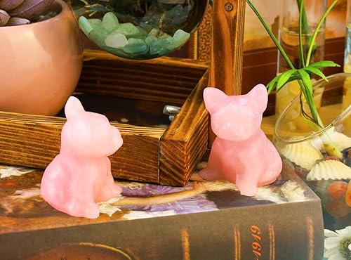 Miniatura 3 de DUQGUHO Estatua de bulldog francés para perro, decoración de regalo de cristales de cuarzo rosa, piedras curativas, estatua de perro, linda