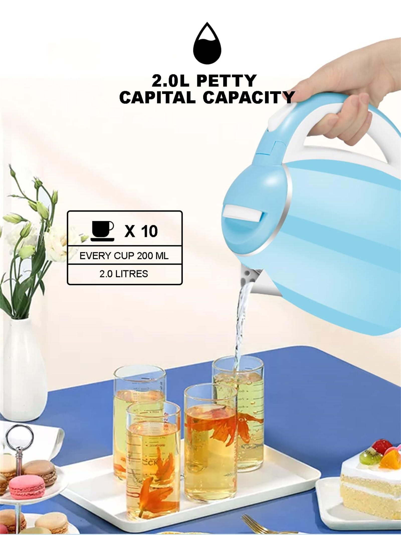 Szczotkowany Stal Nierdzewna Czajnik Elektryczny, 2L, 1500W, Automatyczne Wyłączanie Ochronne Blue,2L