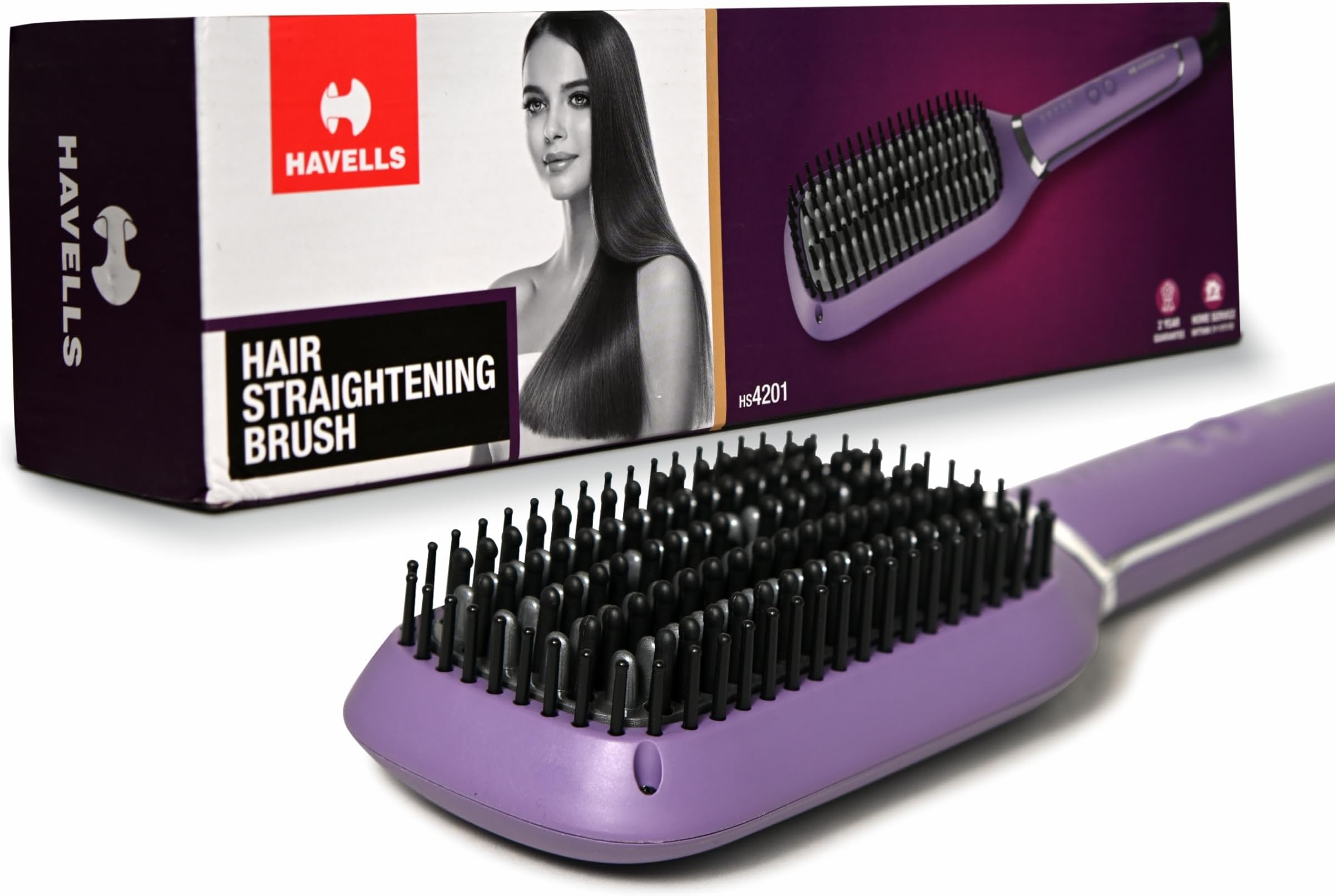 Havells Keratin Infused Hair Straightener Brush With Temperature Control For All Hair Types | 50 Watts | 2 Years Guarantee | Stunning Purple | Hs4201