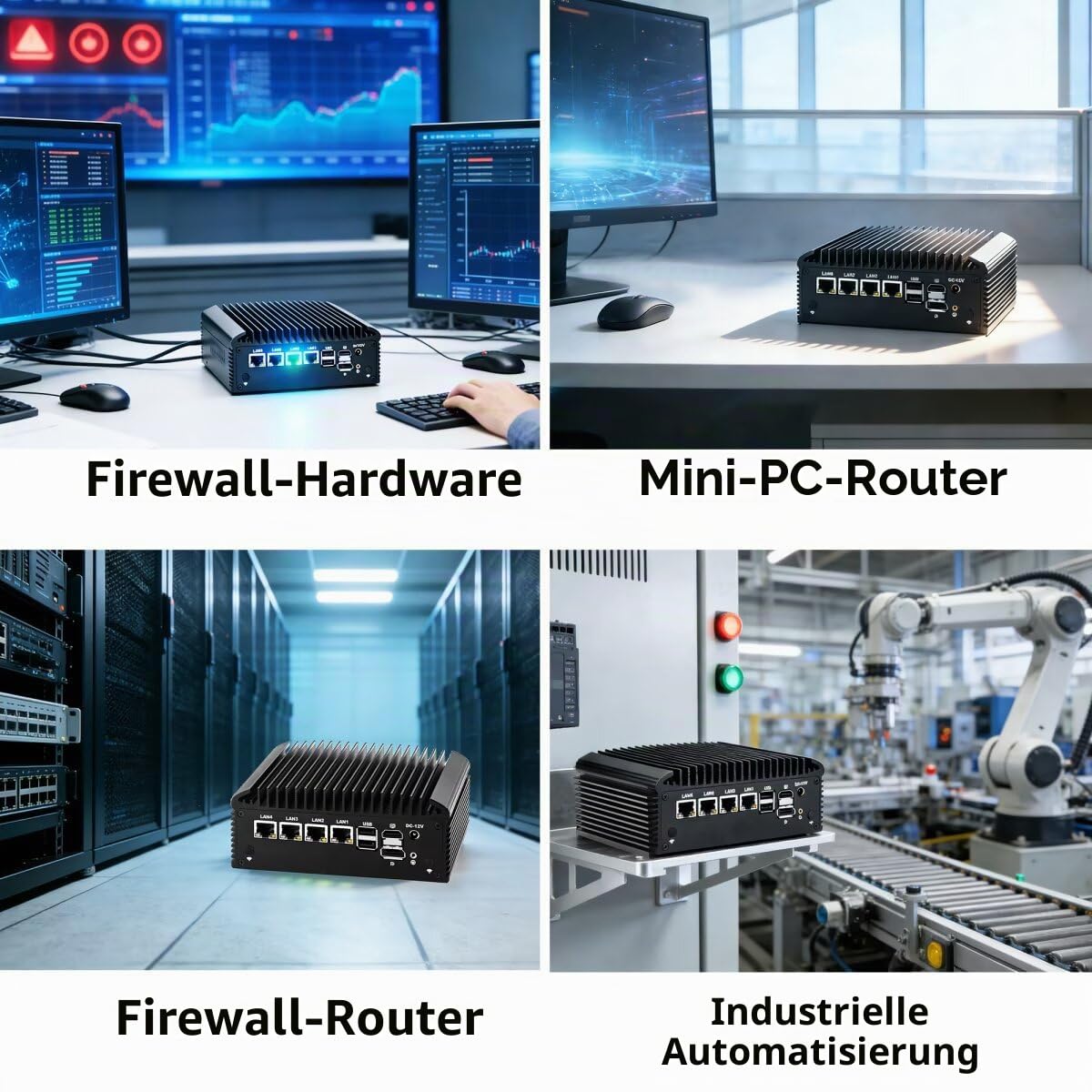 Lüfterlos Mini PC N150 Firewall Appliance Industrial Micro Büro, 4 x 2.5Gbit LAN + 2 RS232 Com, Barebone No Ram No SSD, 6USB, Router/Home Computer Hardware, HD DP Dual Dispaly