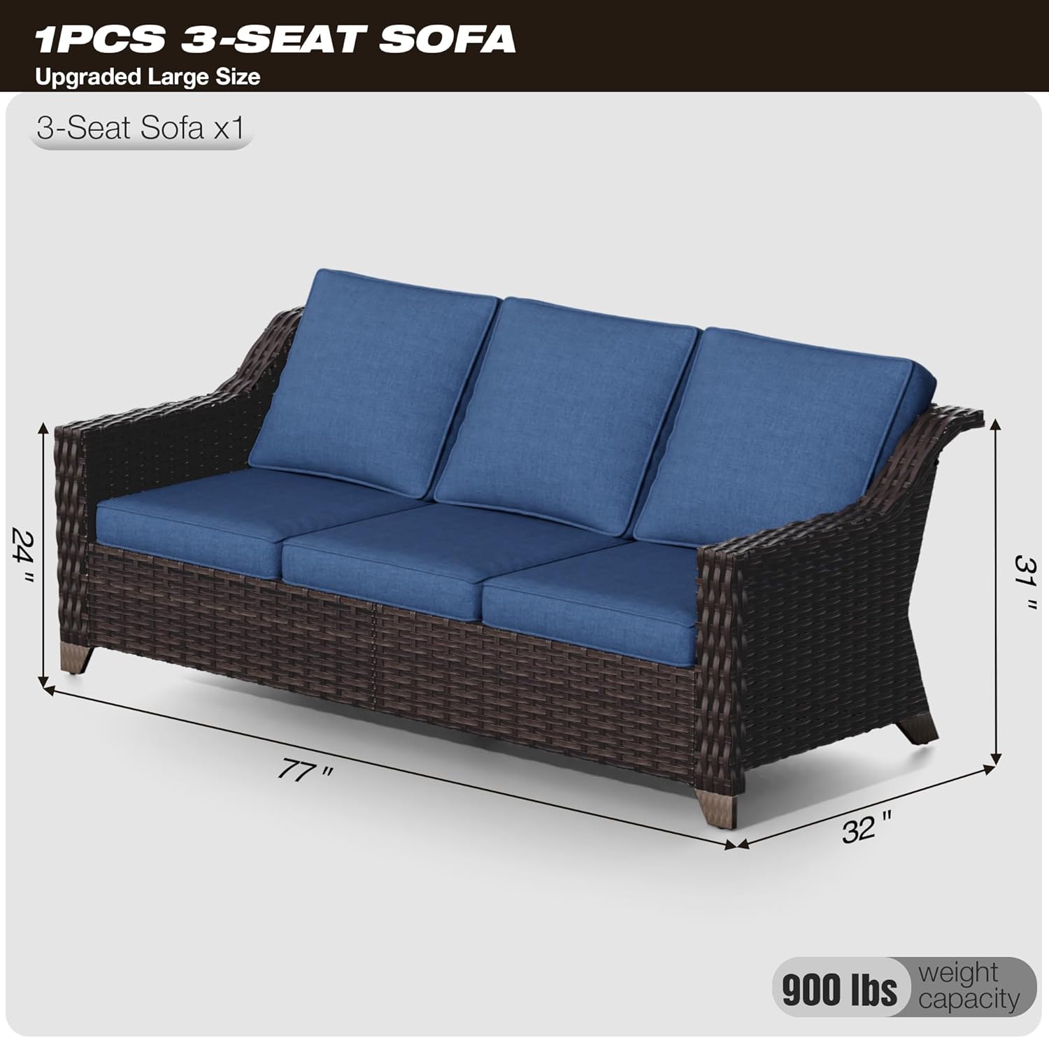 Joyside Patio Sofa - 3 Seater Rattan Sofa, All Weather High Back Sofa, Upgraded Large Size with 4inch Seat Cushions for Backyard, Garden, Poolside (Brown/Blue)