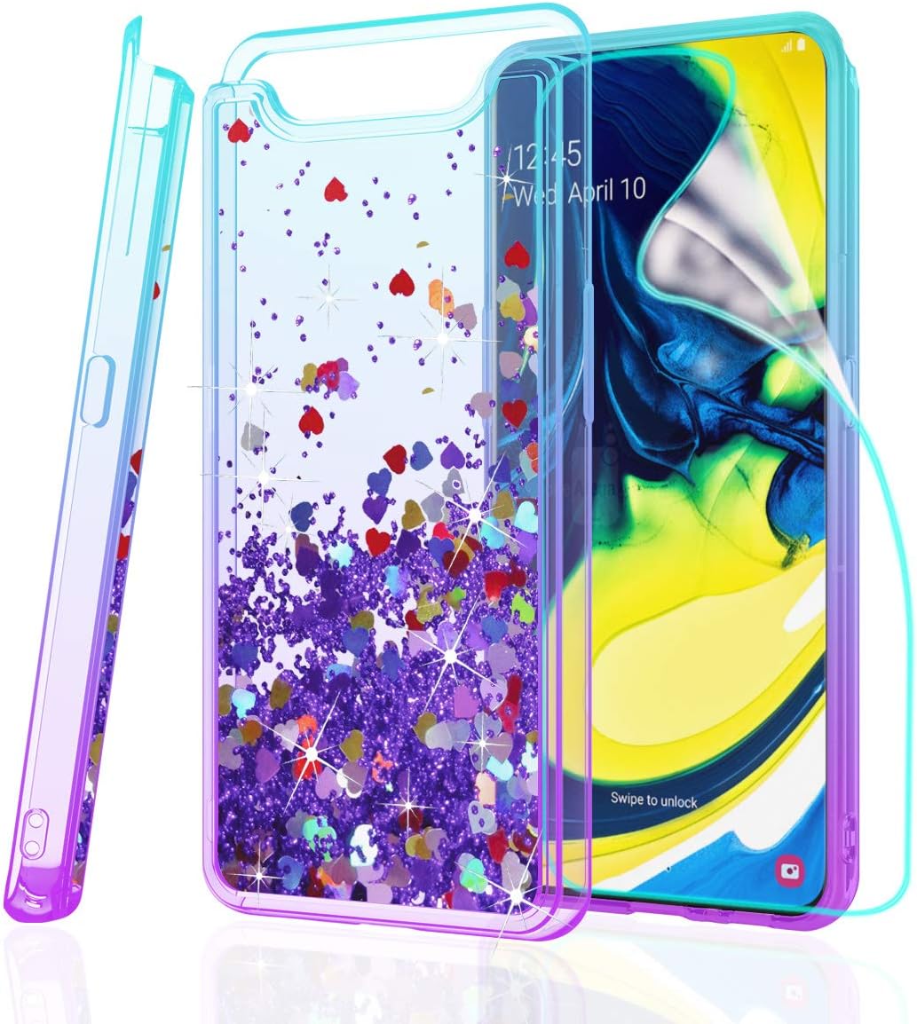 ZingCon Compatible for Samsung Galaxy A80 Phone Case,A90 Glitter Quicksand Case & HD Screen Protector,Shockproof Bling Adorable Shine Waterfall Floating Protective Cover-Lake/Purple