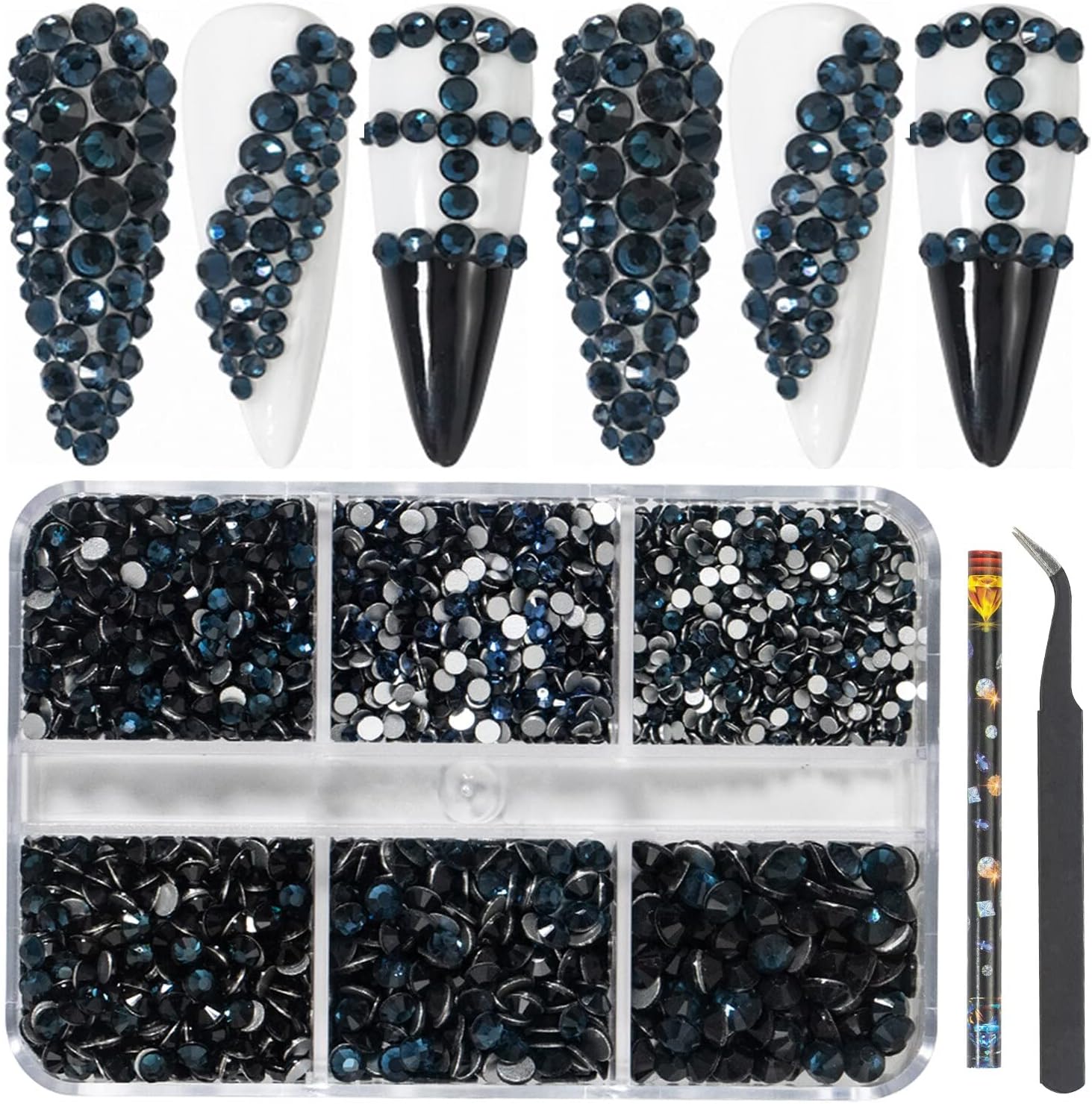 HNUIX Luxury Shini 3D Diamond Ink Blue Multi-Size Nail Rhinestones Flatback Nail Charms Flat Bottom Crystals Nail Art 3D Decoration Gem Kit - (Color: Ink Blue)