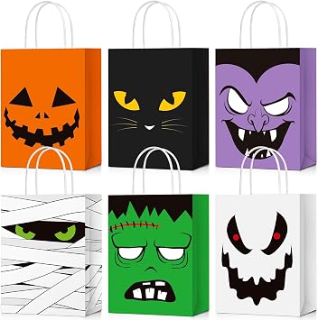 Saypacck 60 Pcs Halloween Treat Bags - Paper Gift Bags with Handles - 8.3 x 6 x 3.1 Inches - Halloween Party Favors & Supplies