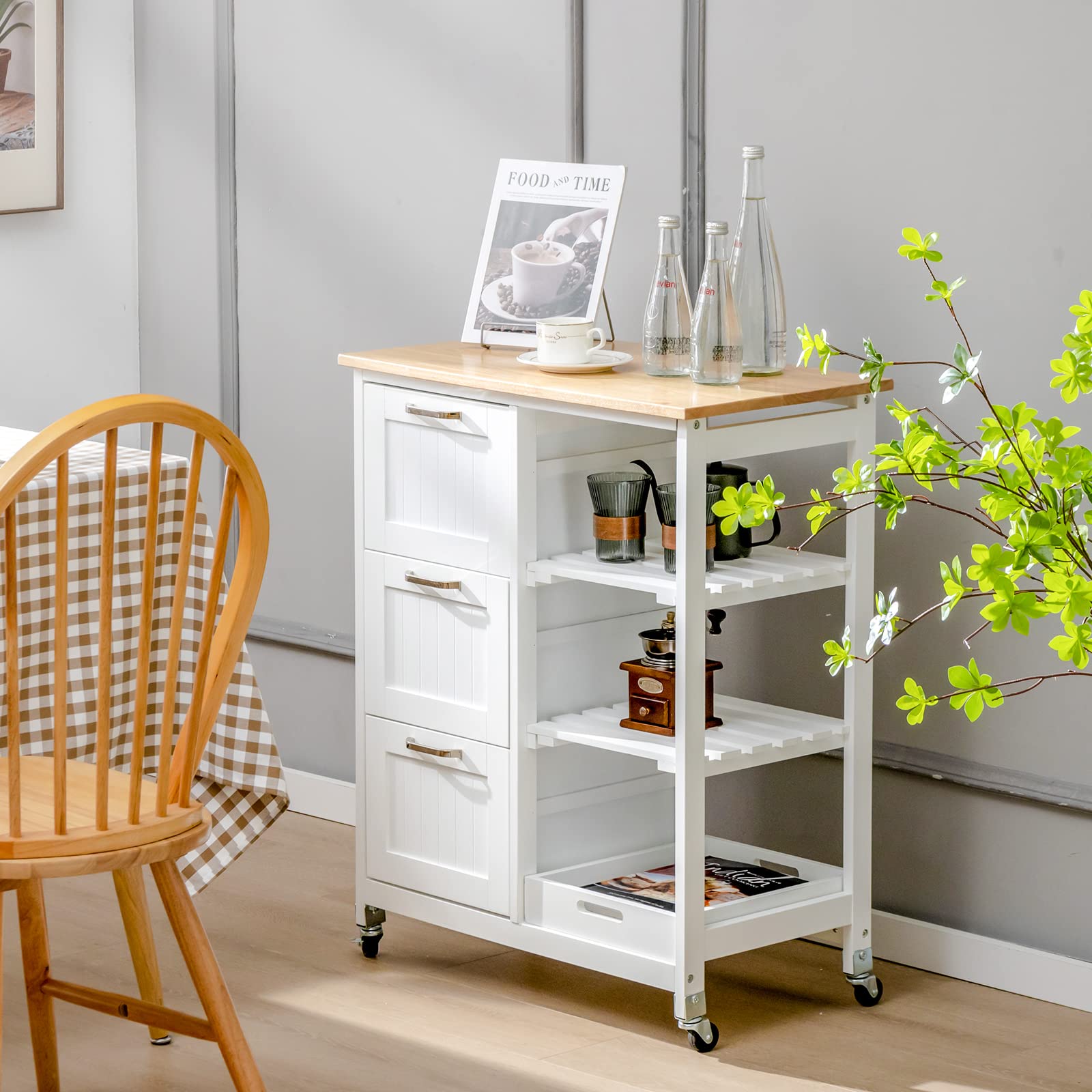 COSTWAY Carrello da Cucina con Ruote, Credenza Cucina con 4 Ripiani e 3 Cassetti, in Legno, Ideale per Cucina Ristorante e Bar, 67 x 37 x 83,5 cm (Bianco)