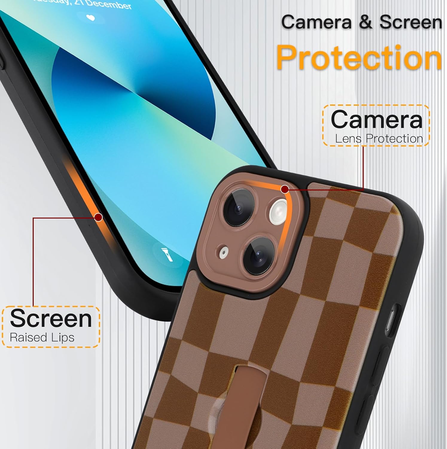 SOKAD for iPhone 13 Case with Finger Strap Kickstand, Cute Checkered Checkerboard Phone Case with Finger Hand for Women Men, Slim Full Camera Protection Shockproof Case Cover, Brown - Image 3