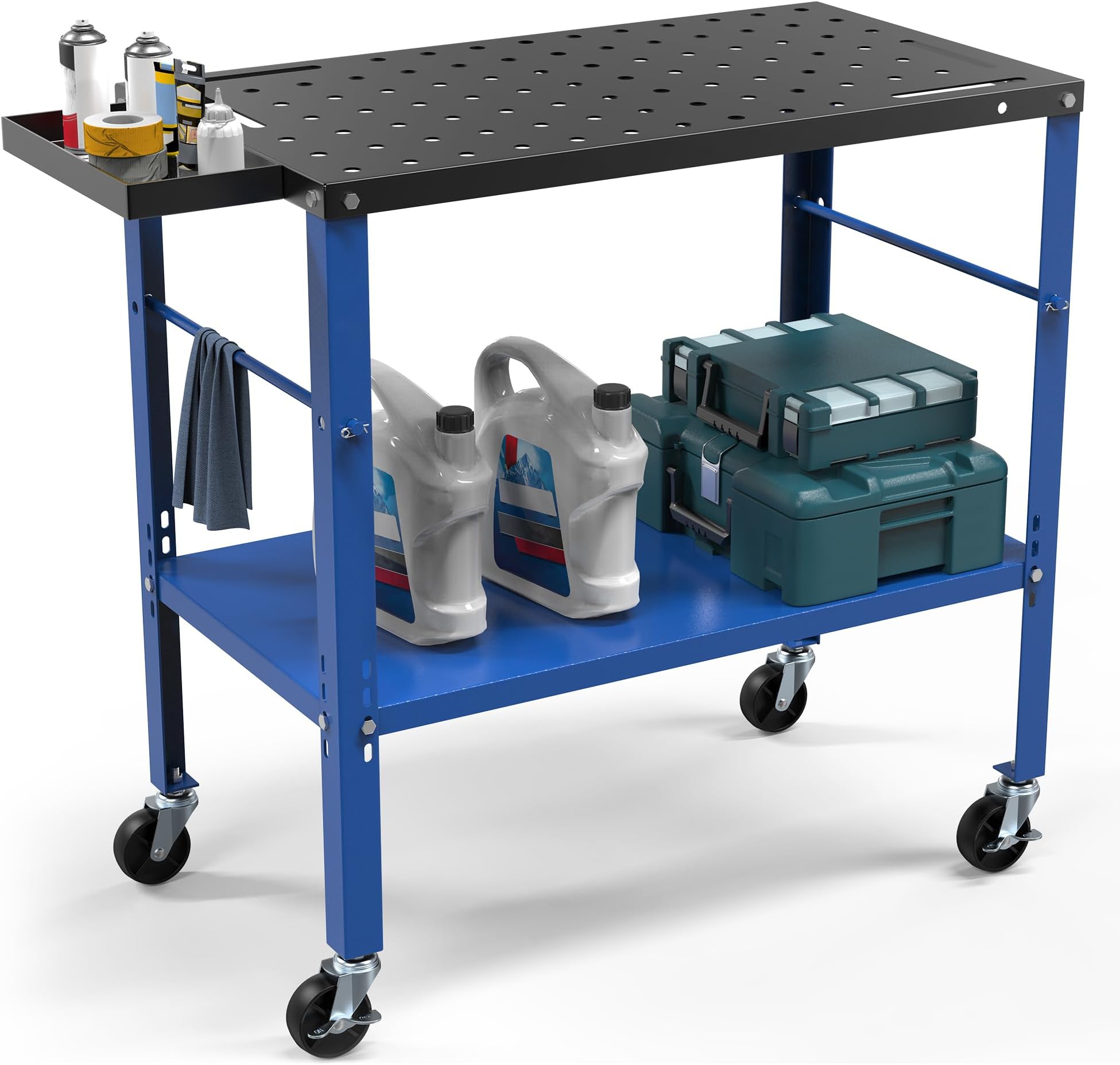 YITAHOME Portable Welding Table with Wheels, 36" x 18" Rolling Metal Workbench with 5/8" Fixture Holes, 1200lb Load Capacity Metal Welding Bench with Storage Tray & Extra Middle Shelf (Black & Blue)