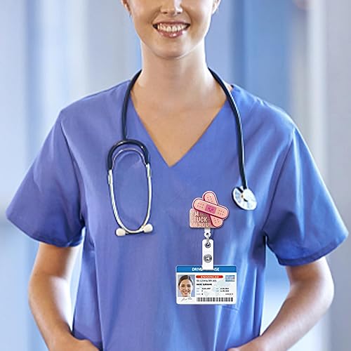 Miniatura 5 de YAZMEEN Carrete retráctil para enfermera con clip de cocodrilo I'm Stuck on You, lindo portatarjetas de identificación, divertido carrete de