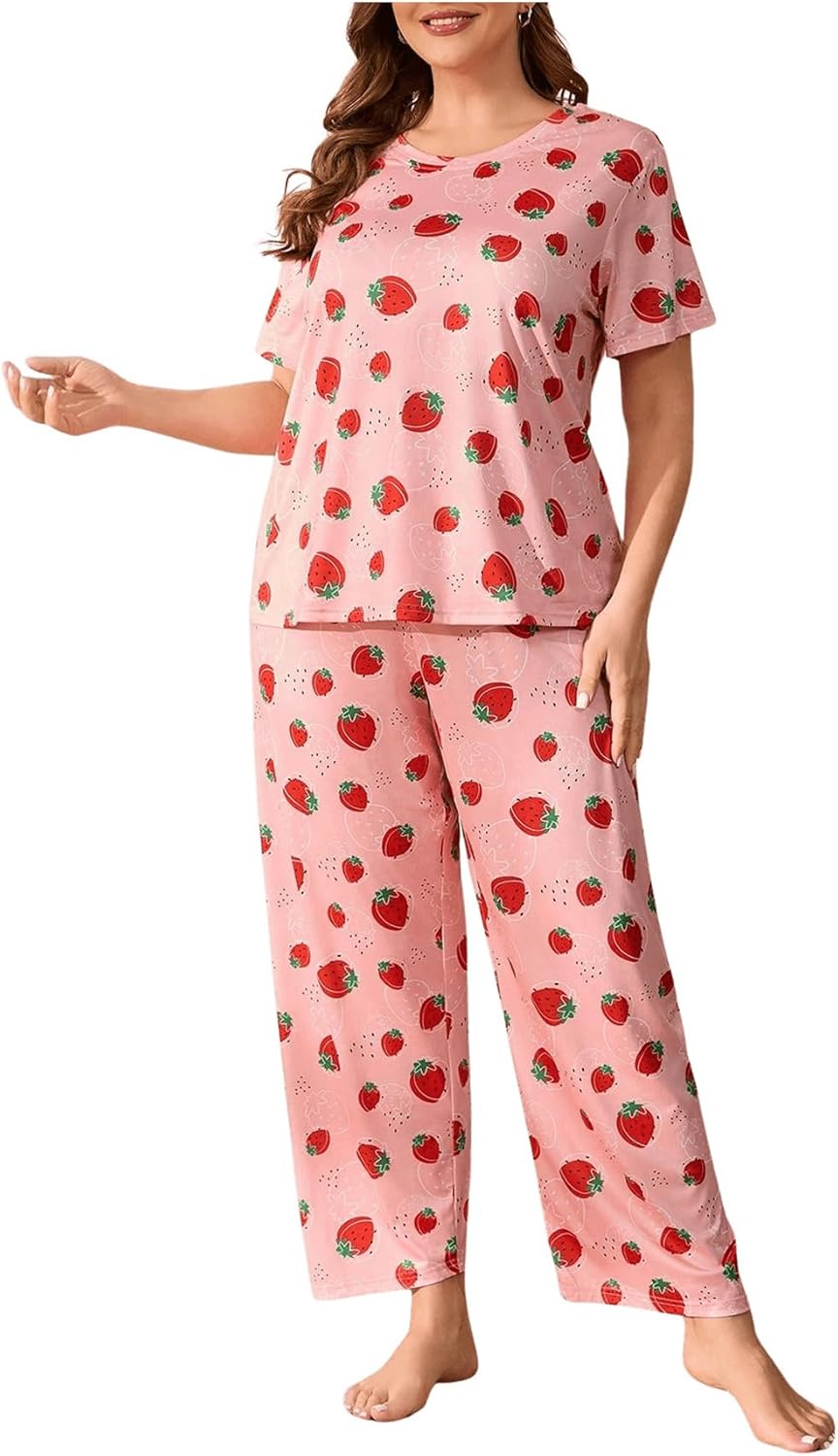 WDIRARA Women's Plus Size 2 Piece Strawberry Print Pajama Set Round Neck Short Sleeve and Pants Sleepwear