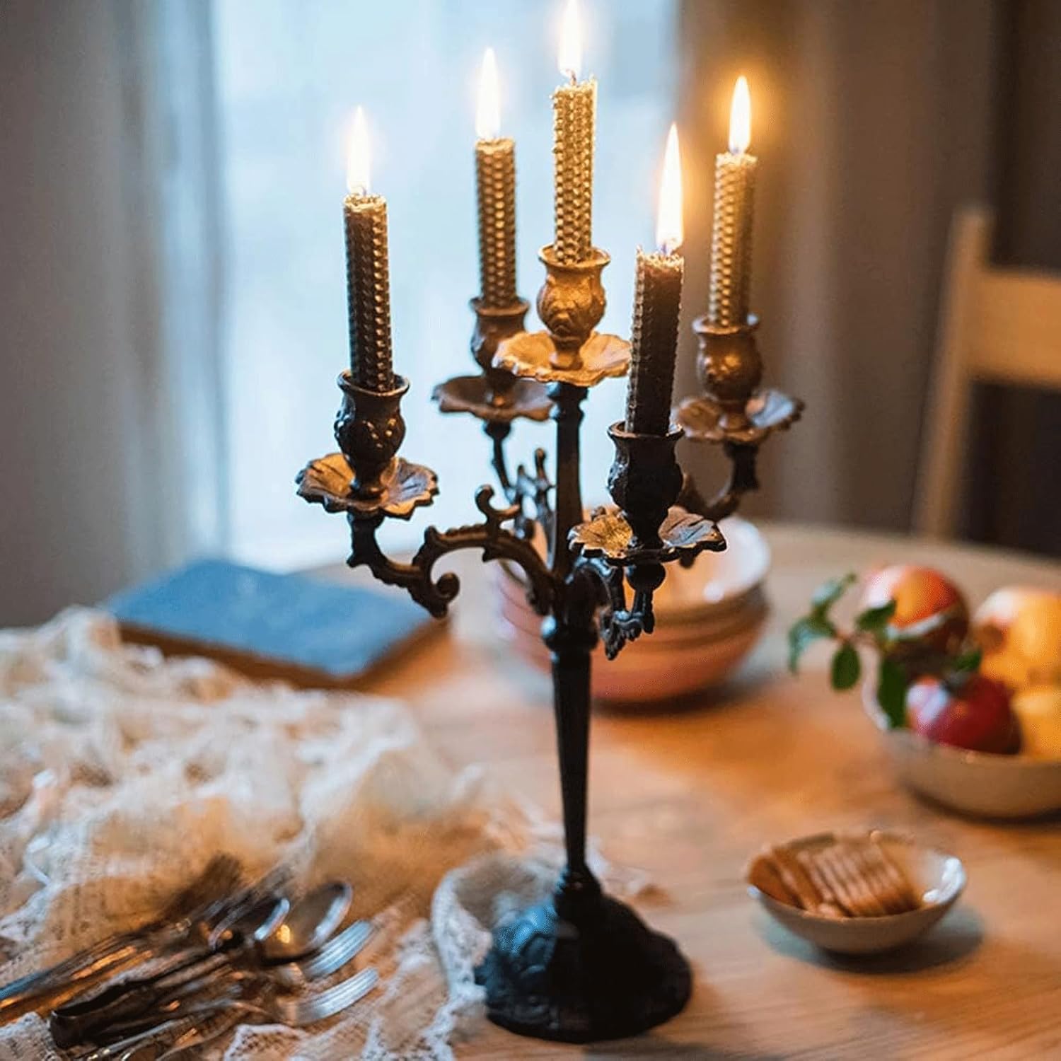 Unique Metal Candle Holder Black 5-Head Candelabra for Table Centerpiece Display - Tall and Vintage Style Glass Candle Holder Stand Spring Decor