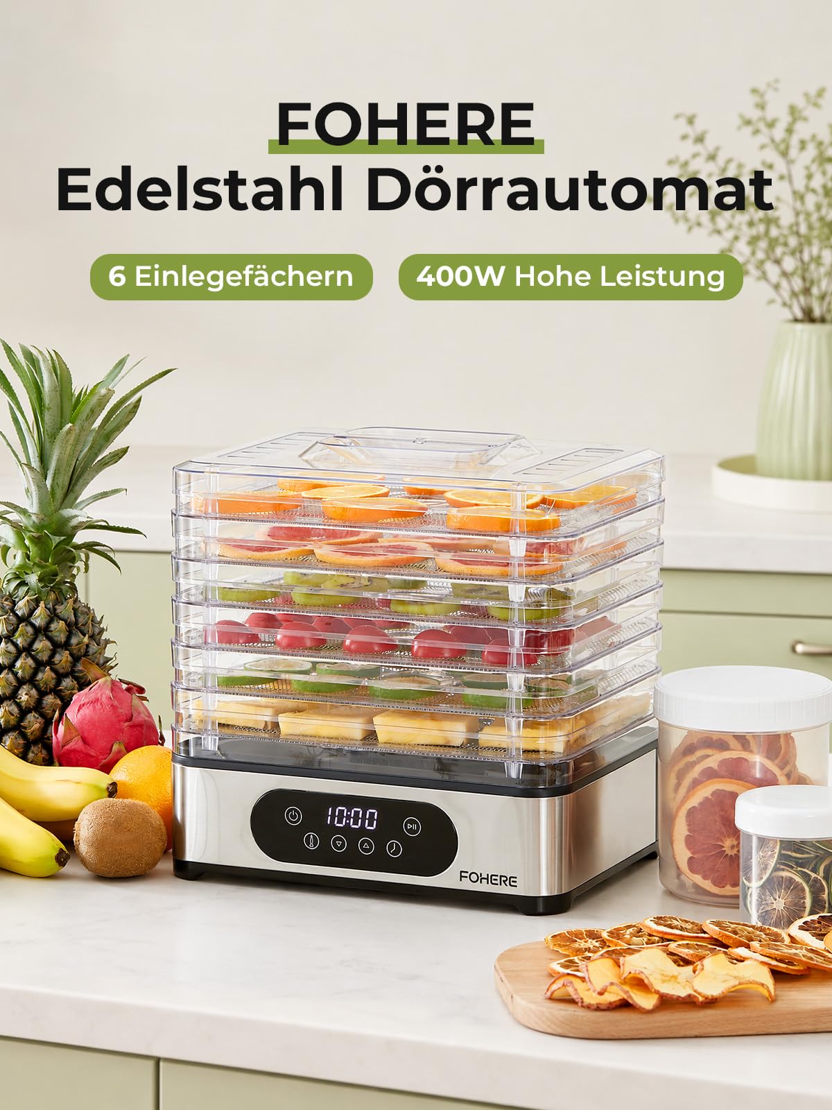 FOHERE Dörrautomat Edelstahl, Dörrgerät mit 6 Einlegefächern, bis 48H-Timer