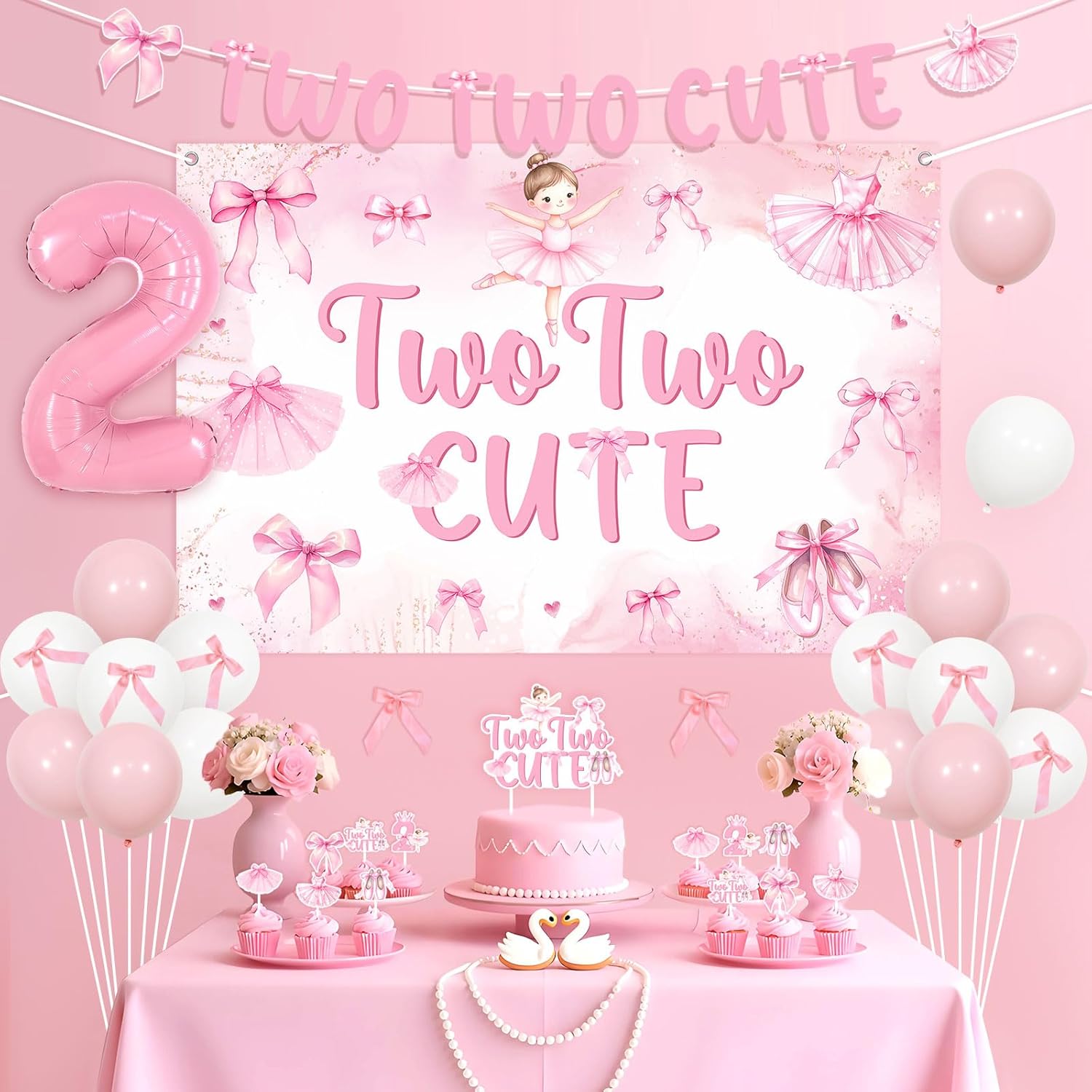 Jollyboom Two Two Cute Birthday Decorations, Ballet and Bows Party Decorations Tutu Cute 2nd Backdrop Banner Cake Cupcake Toppers Number 2 Foil Balloons for Ballerina 2 Year Old Birthday Party Girl