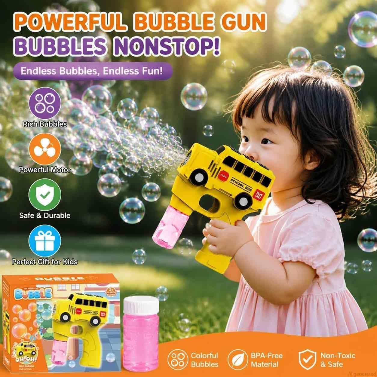 Bubble Gun for Kids Toddlers, School Bus Automatic Bubble Machine with LED Lights, 2 Bubble Solutions Included, Outdoor Toys for Boys Girls 3-8, Birthday Easter Christmas Party Gifts