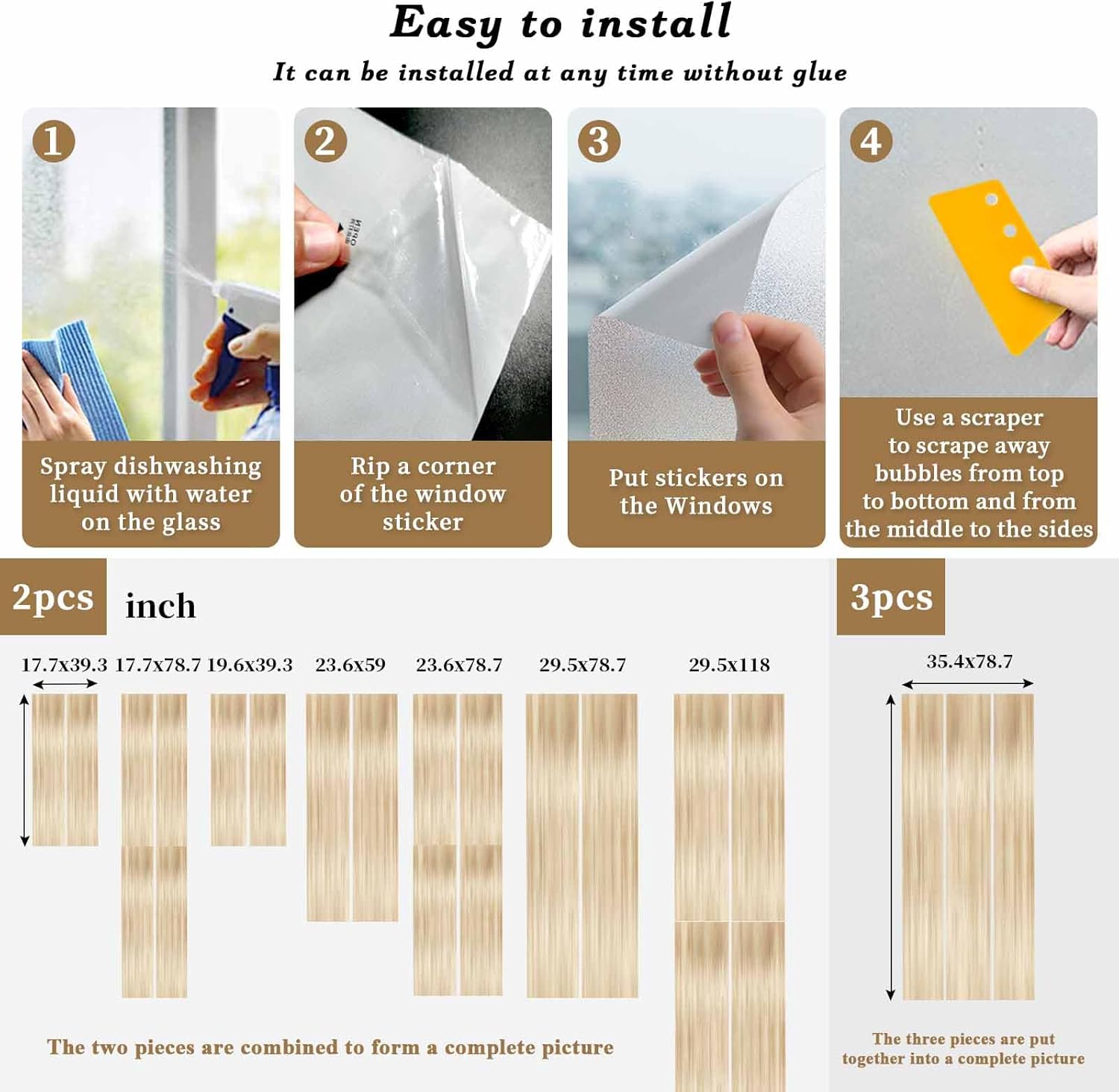 Window Privacy Film Frosted, Orange Brown Reusable Static Cling Window Tints, Modern Abstract Art Ombre Striped Heat Control Windows Films for Offices, Balcony, 29.5 x 118 Inches