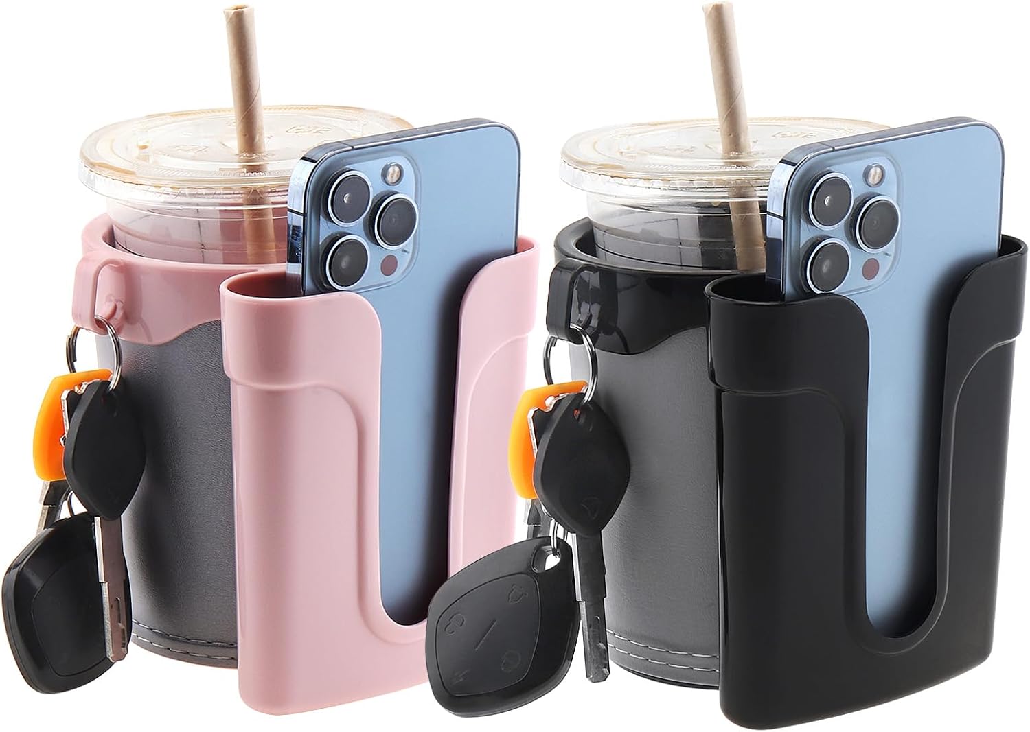 3-in-1 Bike Cup Holder with Phone Holder & Key Hook, Universal Non-Slip Water Bottle Cage for Bicycle Handlebars, Strollers, Wheelchairs - Includes Wrench (Grey Pink+Black Gray)