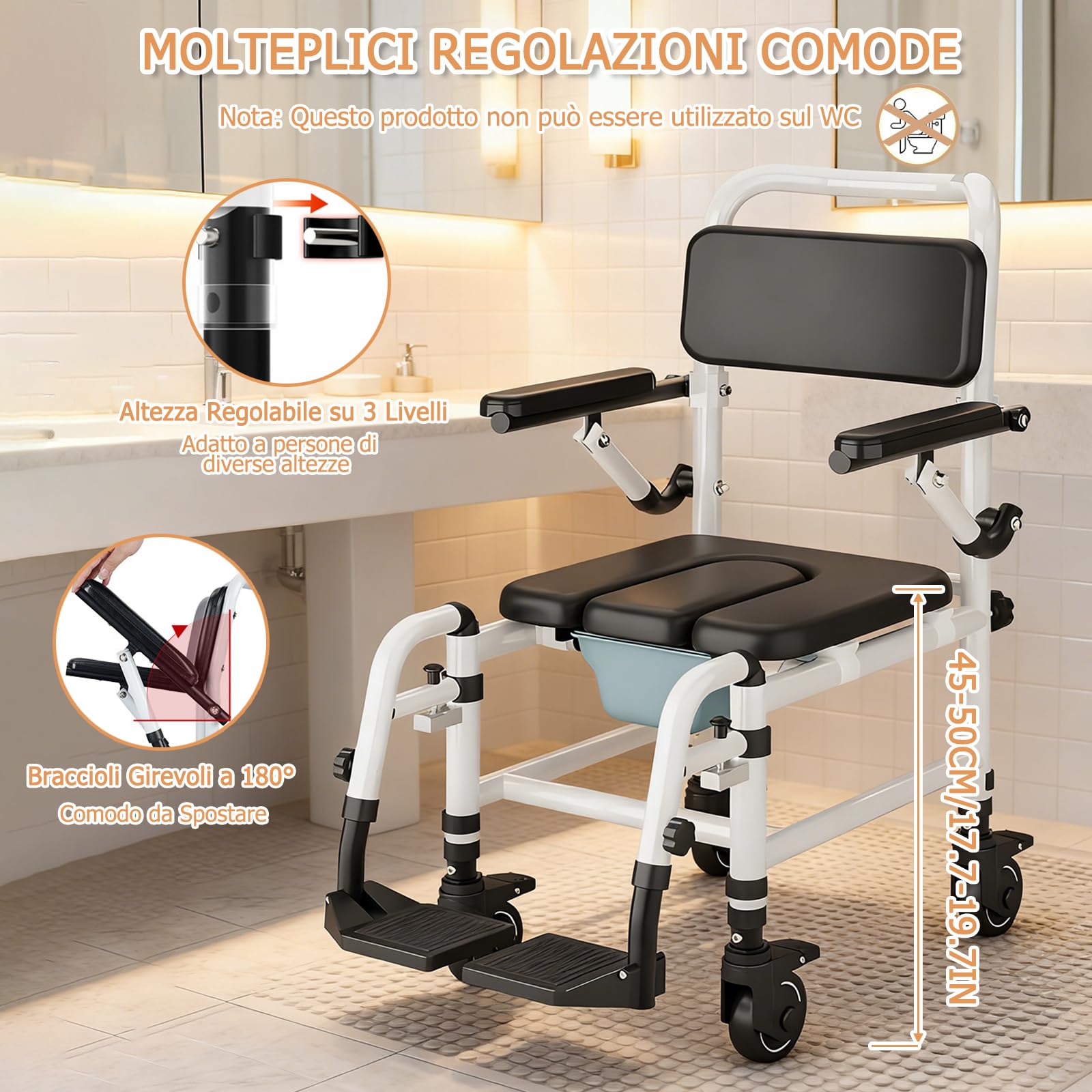 NJUN Sedia da Doccia con Ruote, Sedia Comoda e Doccia Mobile per Anziani e Disabili, Sedia da Bagno Altezza Regolabile in Alluminio con Braccioli Ribaltabili, Poggiapiedi Staccabili e Seduta Imbottita