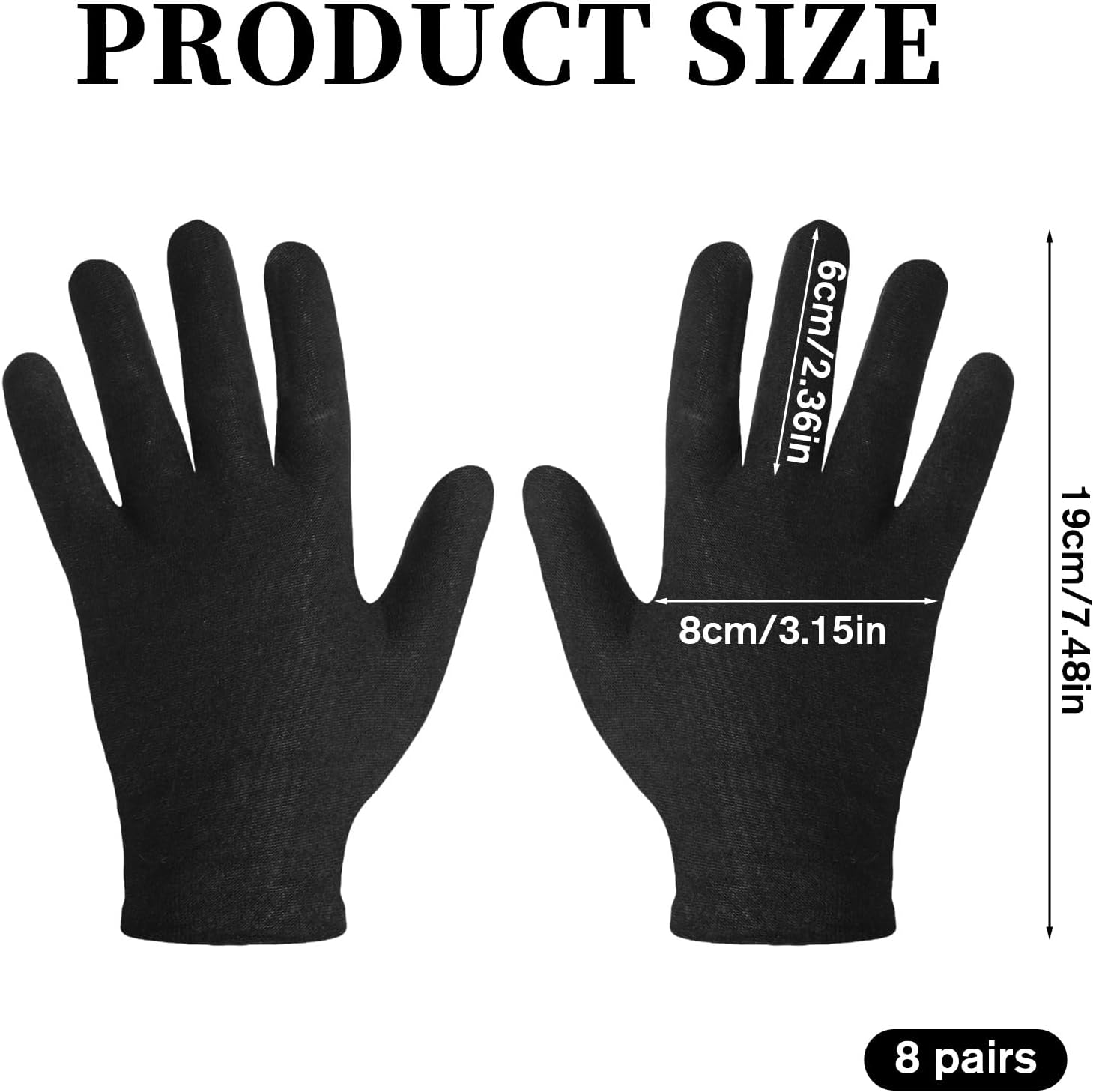 8 Pairs Black Thin Gloves for Dry Hands Sleeping, Black Moisturizer Microfiber Gloves for Women, Multipurpose Cotton Moisturizing Glove for Eczema Art Working Photography Jewelry Inspection, Small