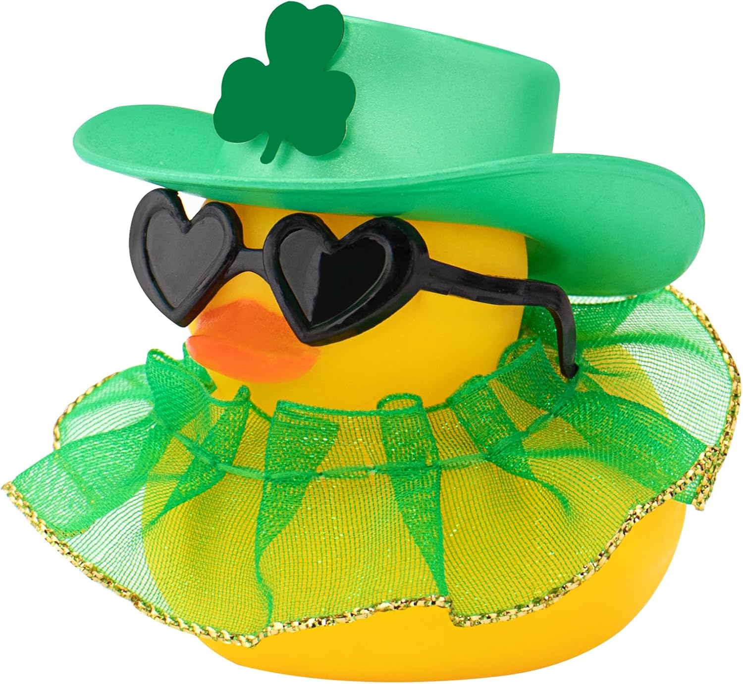 wonuu St Patrick's Day Rubber Duck, Green Shamrock Lucky Rubber Ducks with Skirt for Duck Party Favors Dashboard Decoration Car Ornament, Black Sunglasses Diamond Cowboy Hat Gold Hem Dress