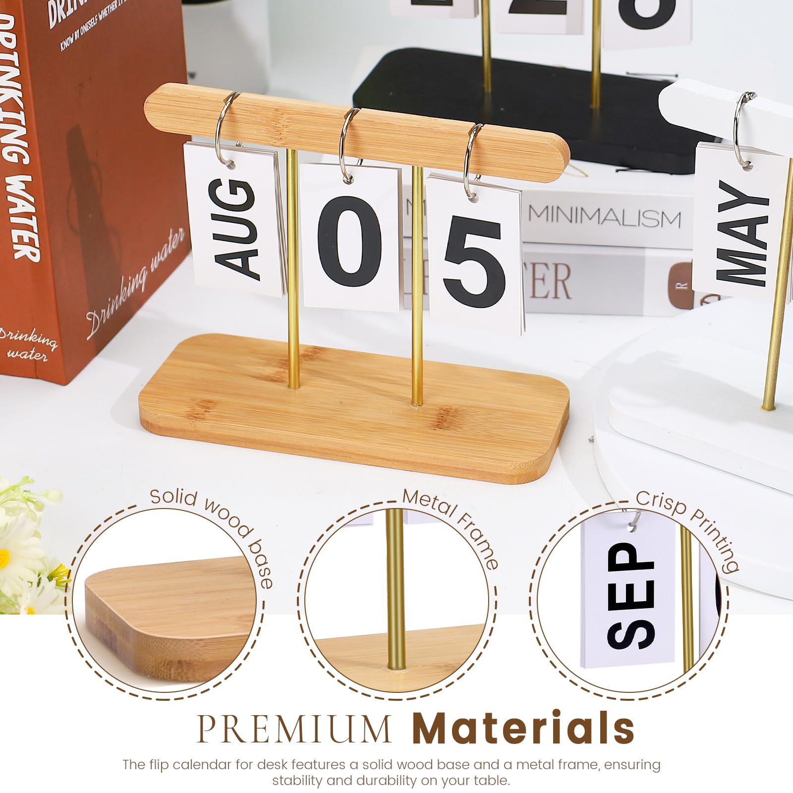 Calendario perpetuo de madera y metal, calendario de escritorio de madera reutilizable, cuenta regresiva, accesorios de escritorio para oficina, hogar, aula, decoración de exhibición (beige)