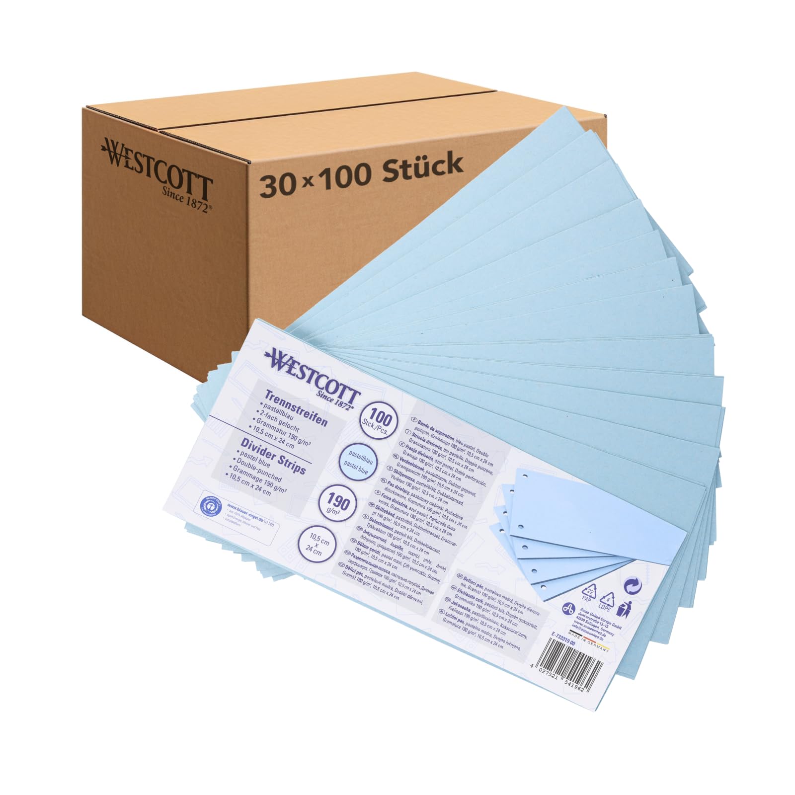 Westcott Trennstreifen 100 Stück Pastellblau (30er-Pack) | Robuste Heftstreifen 190g/m² für A4 Ordner | Trennblätter 10,5 x 24 cm | Register 2-fach-Lochung für DIN-A4 Dokumente | E-733319 00