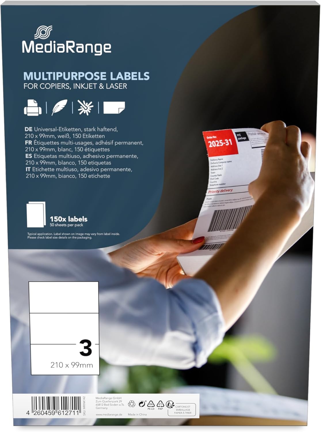 MediaRange mrink142 Permanent Adhesive Labels Self-Adhesive Tapes (White Label, Permanent, 210 x 99 150pièce White (S), A4, Matt, Laser/Inkjet)