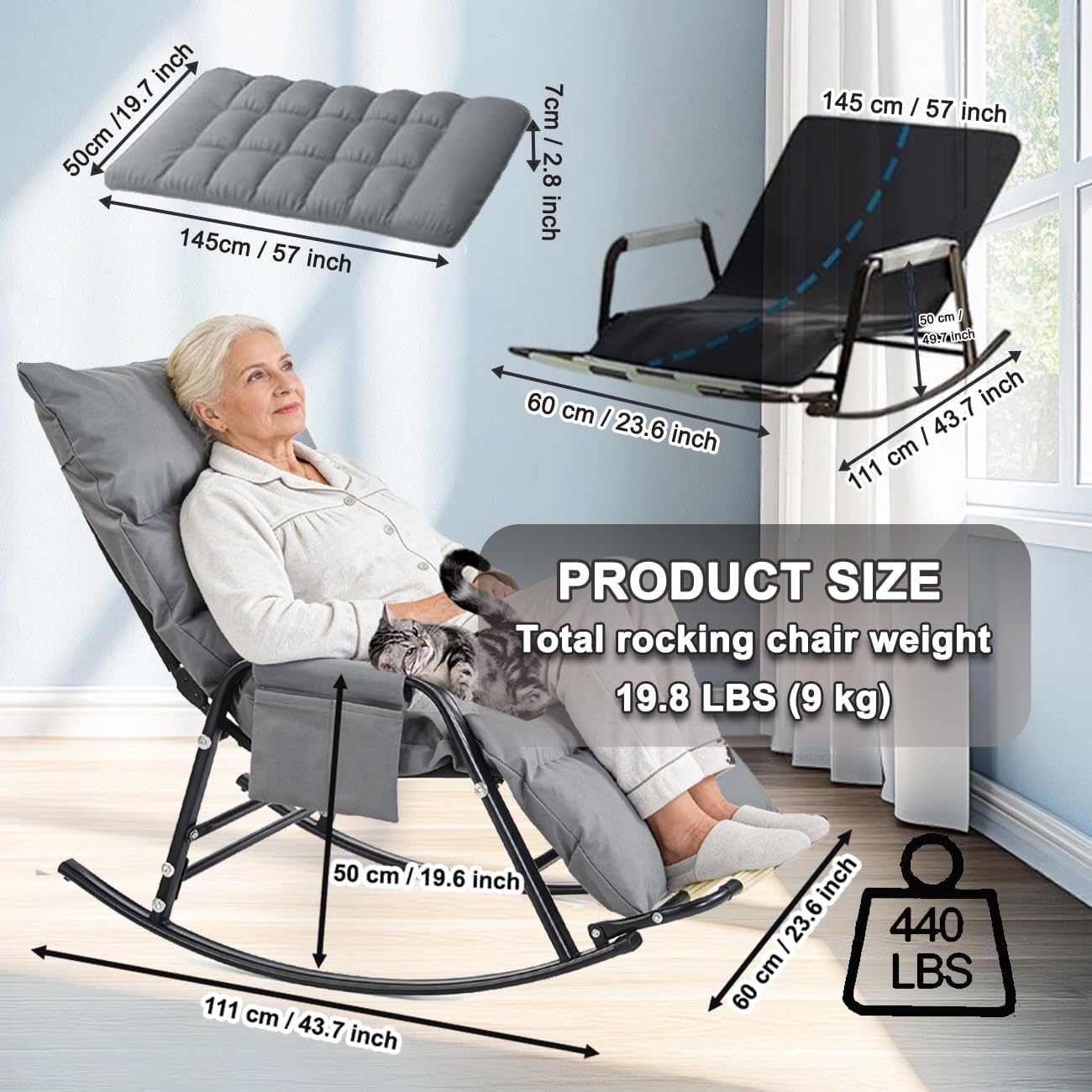 Outdoor Rocker Chair Oversized Rocking Chair with Foot Rest Patio Rocking Chairs Adjustable Angle with Removable Padding and Side Pockets for Living Room BalconyGrey,145 * 60 * 50cm