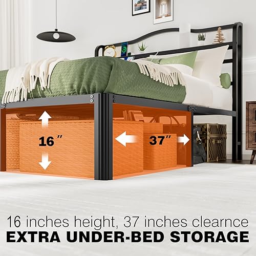 Miniatura 5 de Base de cama Individual XL con cabecera, base de colchón de metal, armazón de cama de 18 pulgadas de alto, no necesita somier, base de cama de