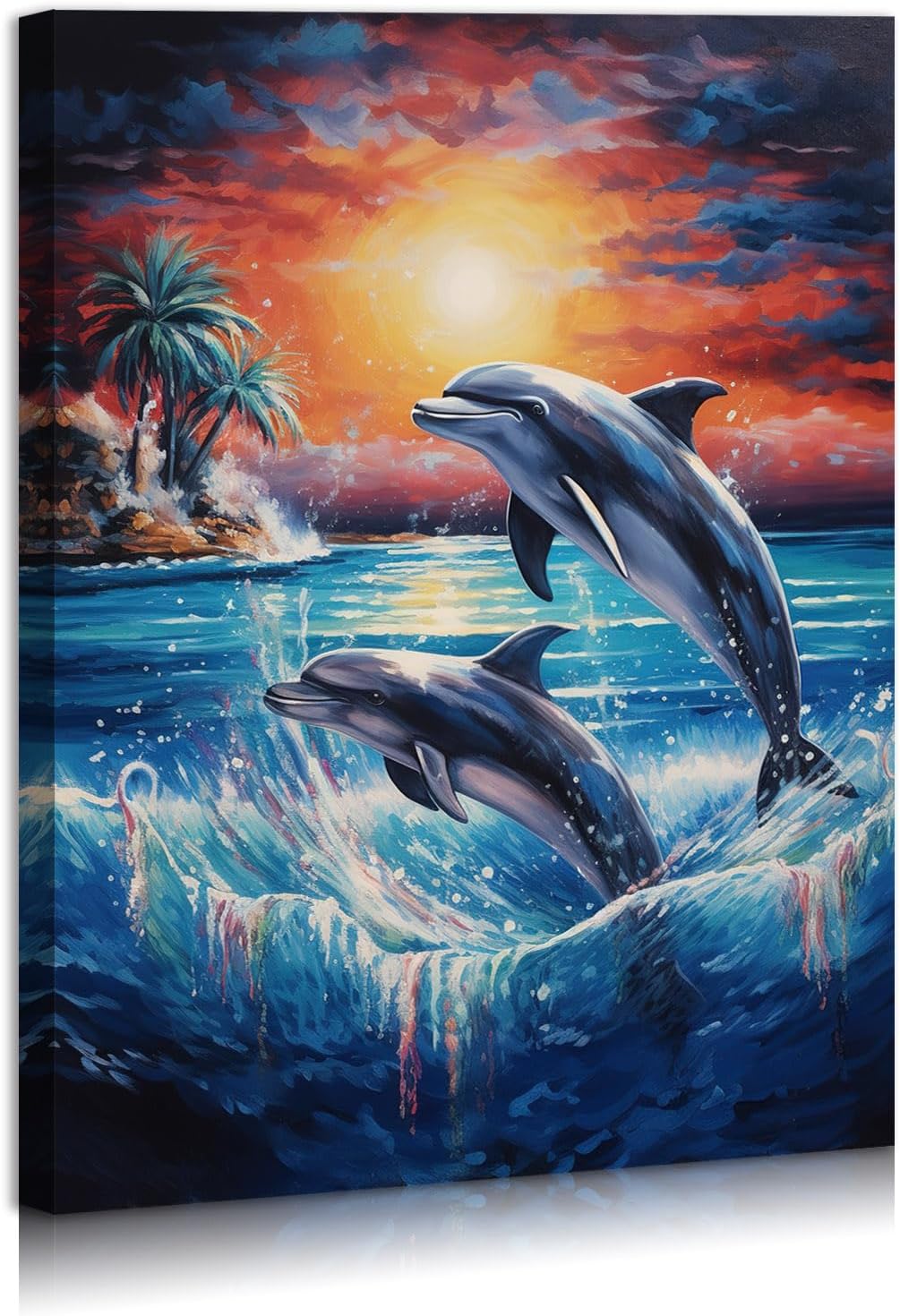 Typruye Dolphin Sunset Canvas Wall Art Animal Painting Art Decor Prints Picture of Dolphins Jumping Out of Water Framed Ready to Hang 12"x16"