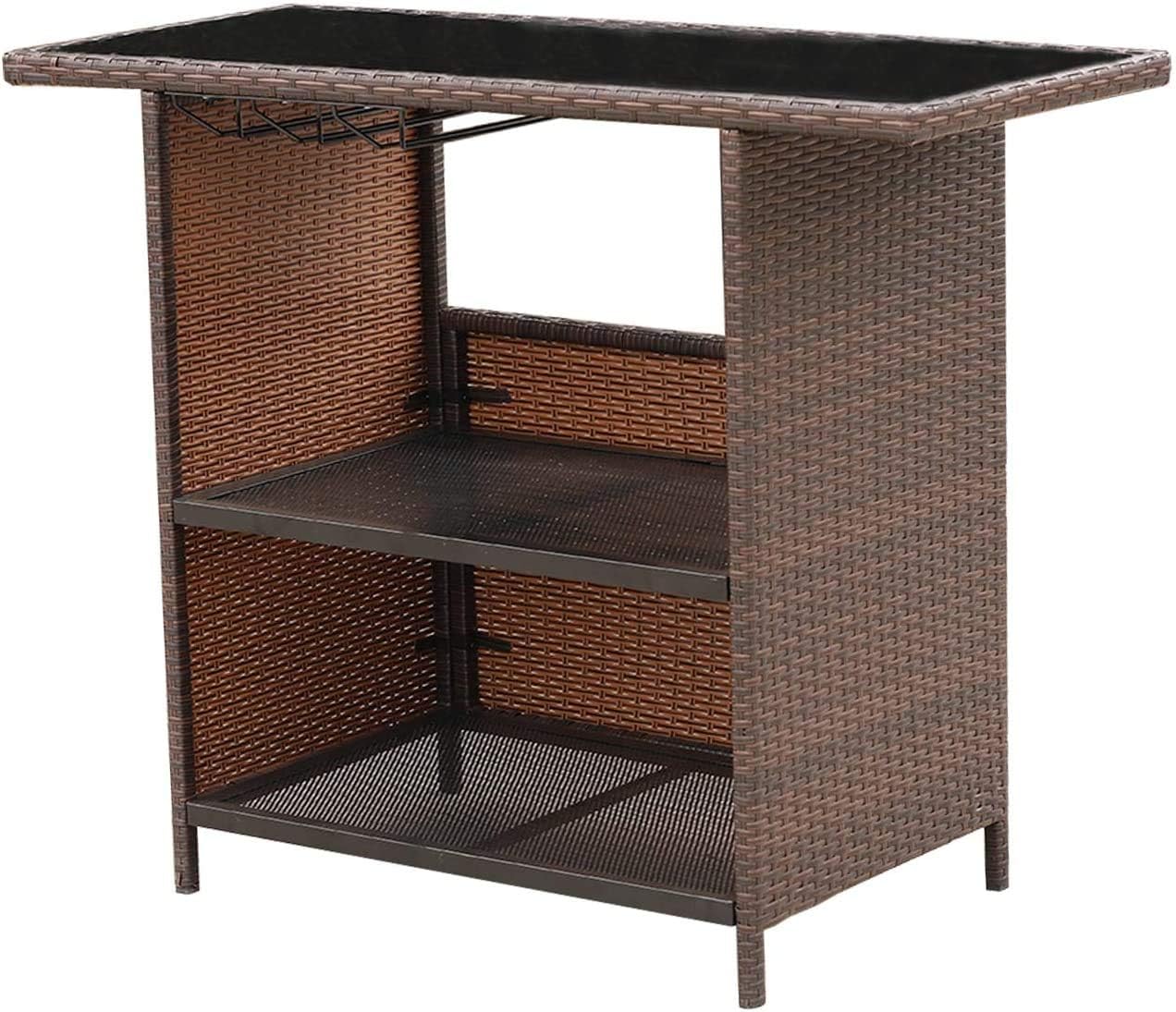 Wicker Bar Counter Table with 2 Steel Shelves Design and 3