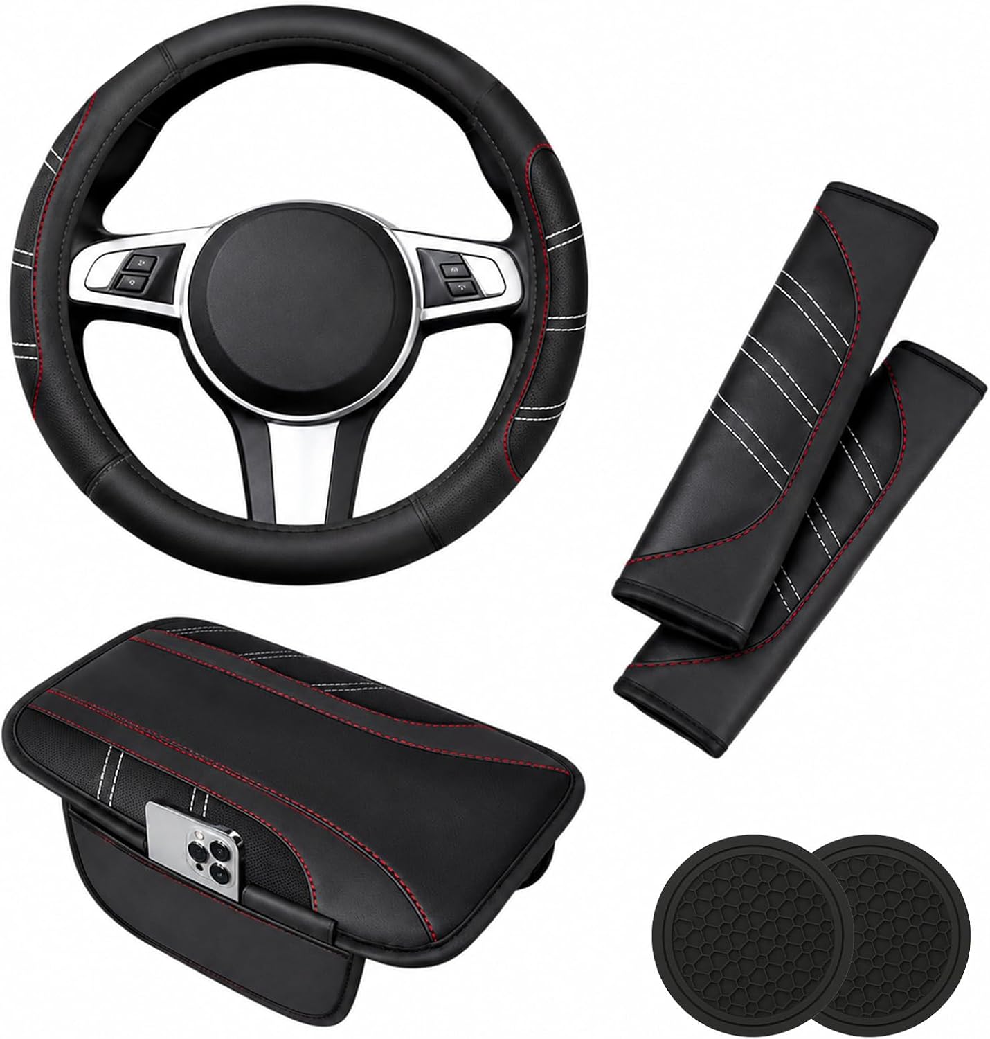 6 PCS Car Accessories Set, 14.5"-15" Leather Steering Wheel Cover, Center Console Cover, Seat Belt Cushion, Car Coaster, Auto Interior Accessories, Universal for Truck SUV Van (Black)