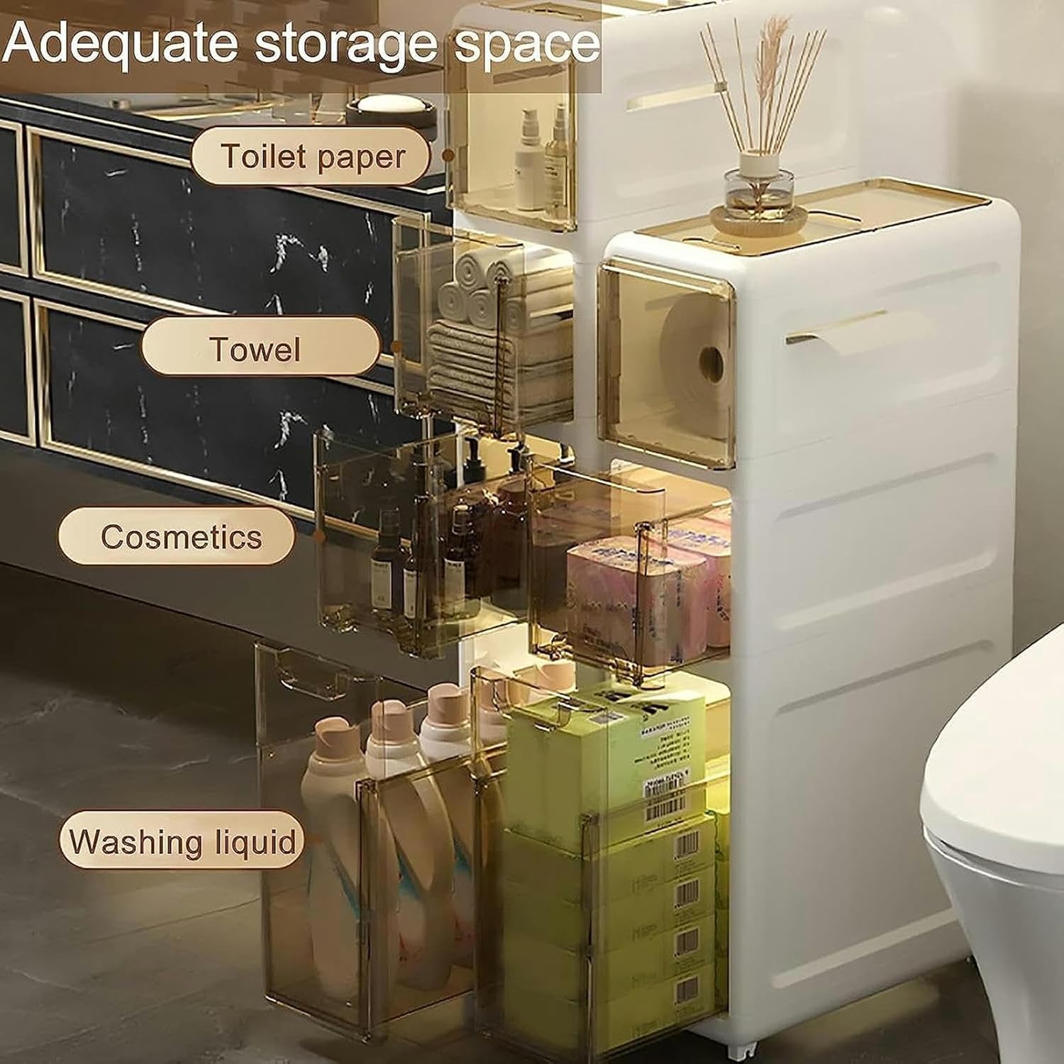 Stackable Storage Drawers On Wheels Tall Narrow Bathroom Corner Cabinet With Clear Large Capacity Cosmetic Organizer(3 Tier)