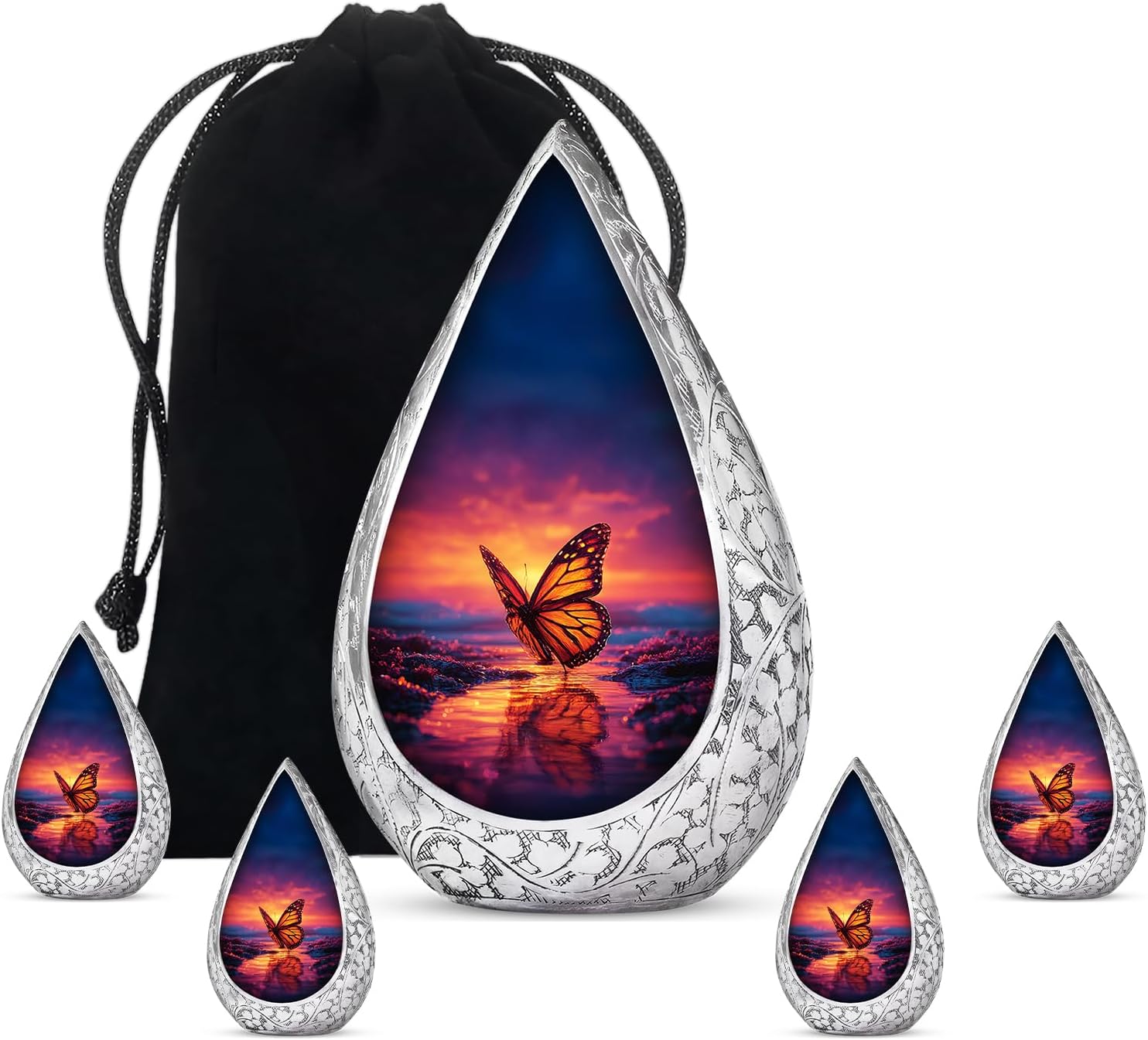 Monarch Butterfly Memorial Urn for Ashes - Sunset Large Cremation Urns - 4 Little Burial Urn for Human Ash Men - Blue Teardrop Funeral Urns Ash for Adult Male & Female (Set of 5-10" & 3")