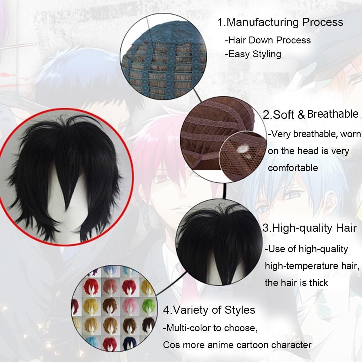 Benehair Short Cosplay Wigs Unisex Short Spiky Layered Anime Cosplay Wigs Fluffy Fashion Black Wiglets for Men Women Cosplayer Synthetic Straight for Halloween Party - Image 6