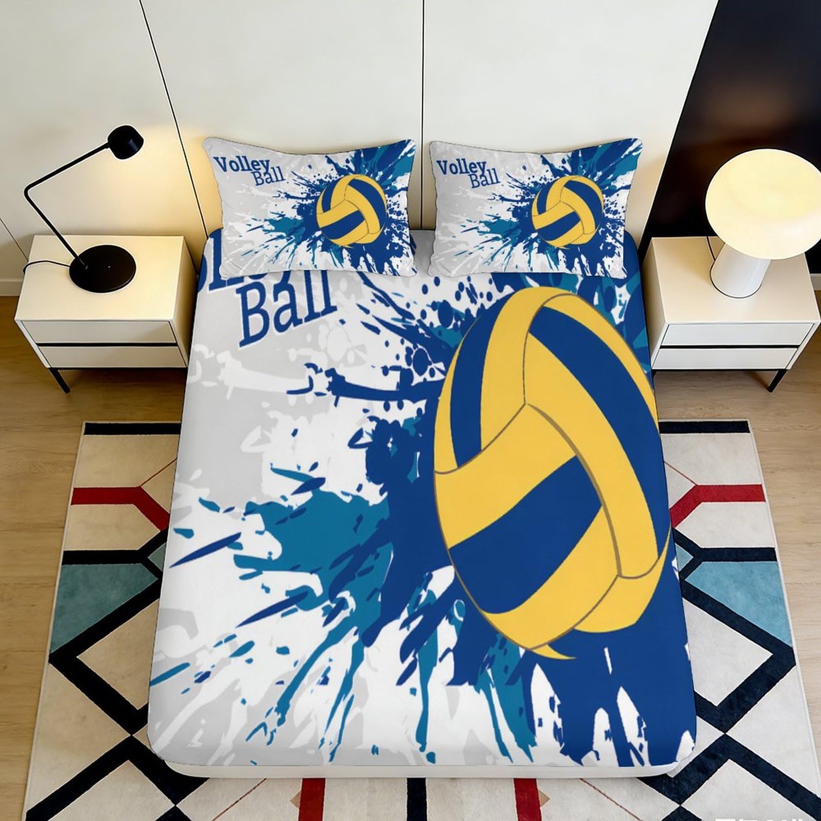 3D Printed Volleyball Splash Fitted Sheet Microfiber Soft Blue Yellow Bed Cover for Bedroom Dorm Mattress Decor 90x200x25cm