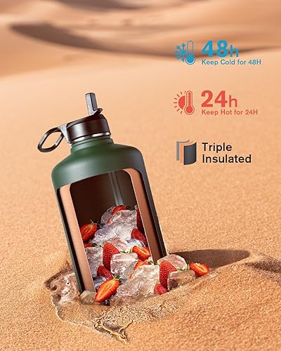 Miniatura 2 de Coolflask - Botella de agua de 64 onzas aislada, con popote y 3 tapas, acero inoxidable, boca ancha, libre de bisfenol A (BPA), mantiene las bebidas