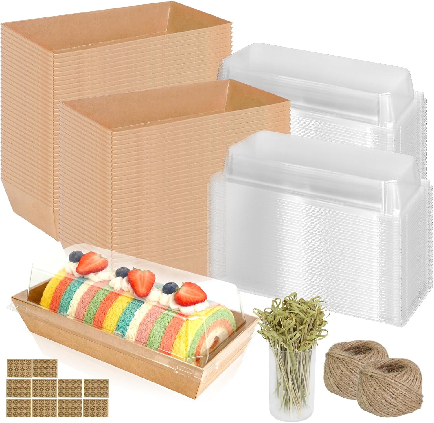 110 Pack Paper Charcuterie Box with Clear Lids 7.5 Inch Disposable Brown Paper Food Container with Cocktail Picks Labels and Hemp Rope Set for Sandwich Chocolate Covered Cookies Dessert