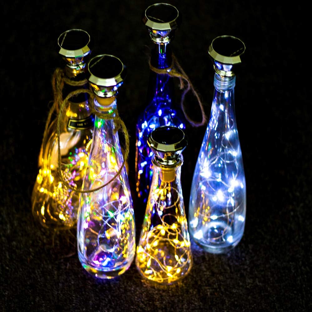 Solar Diamond Wine Bottle Lights 10 Pack 20LED Outdoor Waterproof Multicolor Fairy Light String (3 Colors), Suitable for Most Wine Bottle Mouths, for Garden, Terrace, Party Decoration
