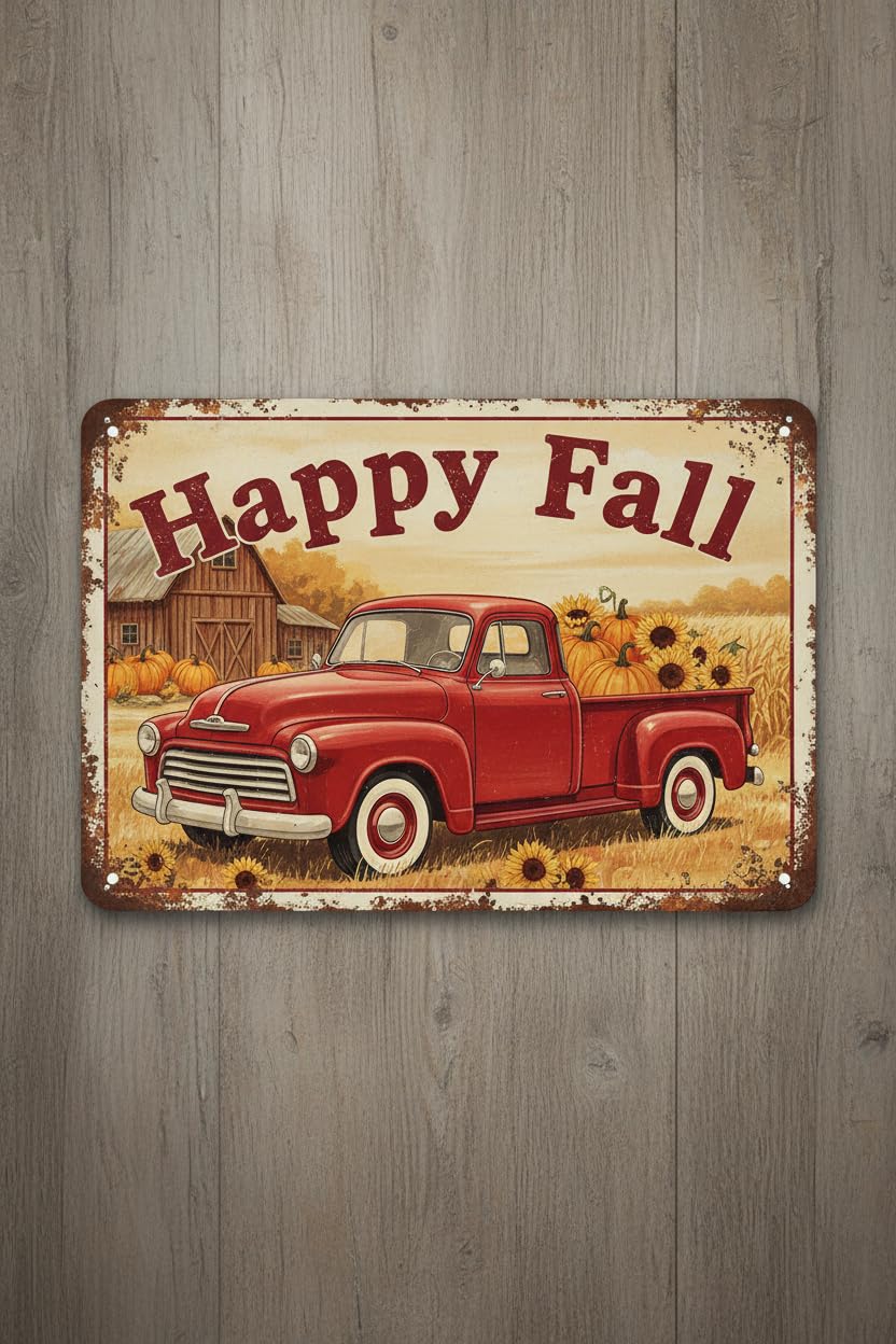 Thanksgiving Fall Rustic Metal Tin Sign Vintage Autumn Red Truck Pumpkin Sunflower Harvest Farmhouse Wall Art Retro Decor 8x12inch