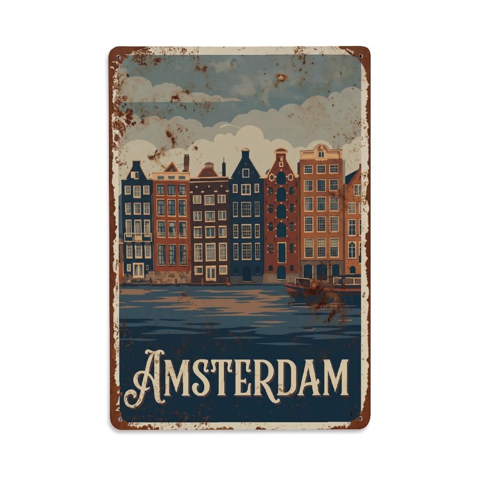 Okngb Style Waterfront Esplanade Canal Classic Amsterdam Tourism Metal Tin Sign Plaque Wall Decor For Cafe, Man Cave, Club Bar, Office, Home Garden Round Metal Poster 8X12inch