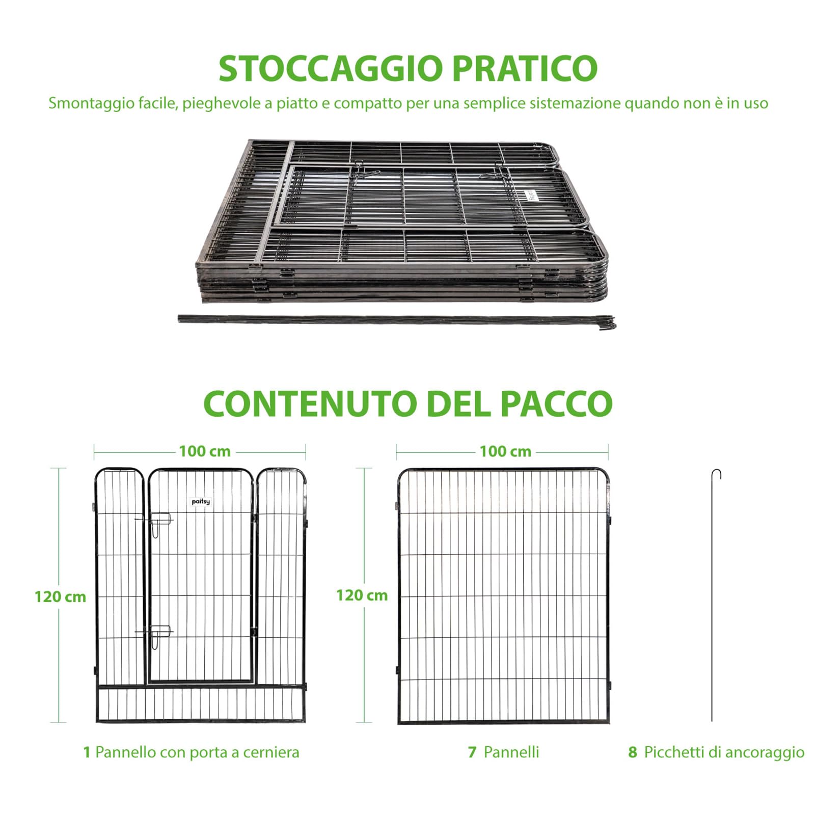Recinto per cani, cuccioli e conigli GARDEO100x120x8, 8 pannelli 100x120cm, 4M2, modulabile, per interni ed esterni, pieghevole, garanzia 5 anni, Paitsy
