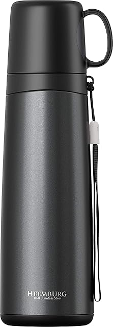 Heemburg Stainless Steel Flask 500ml for Coffee or Tea Double-Wall Insulated Flask Leak-Proof with Drinking Cup