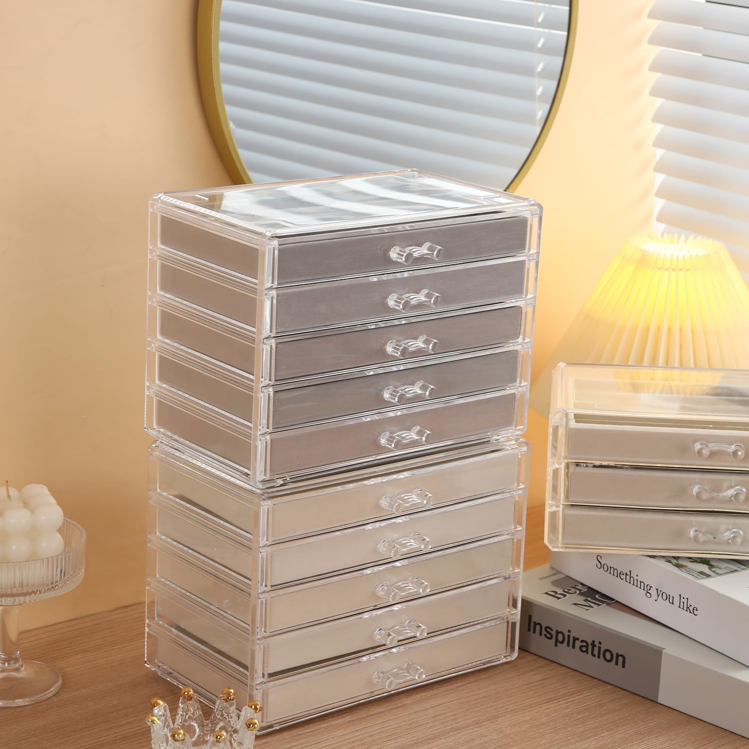 5 Drawerss Necklace Organizer Box, Tray with Clear Lid, Dustproof Velvet Necklaces Holder Storage Display Case, Gery Necklace Tray Drawer Insert for Pendant Suitable for Women and Girls (25 grids)