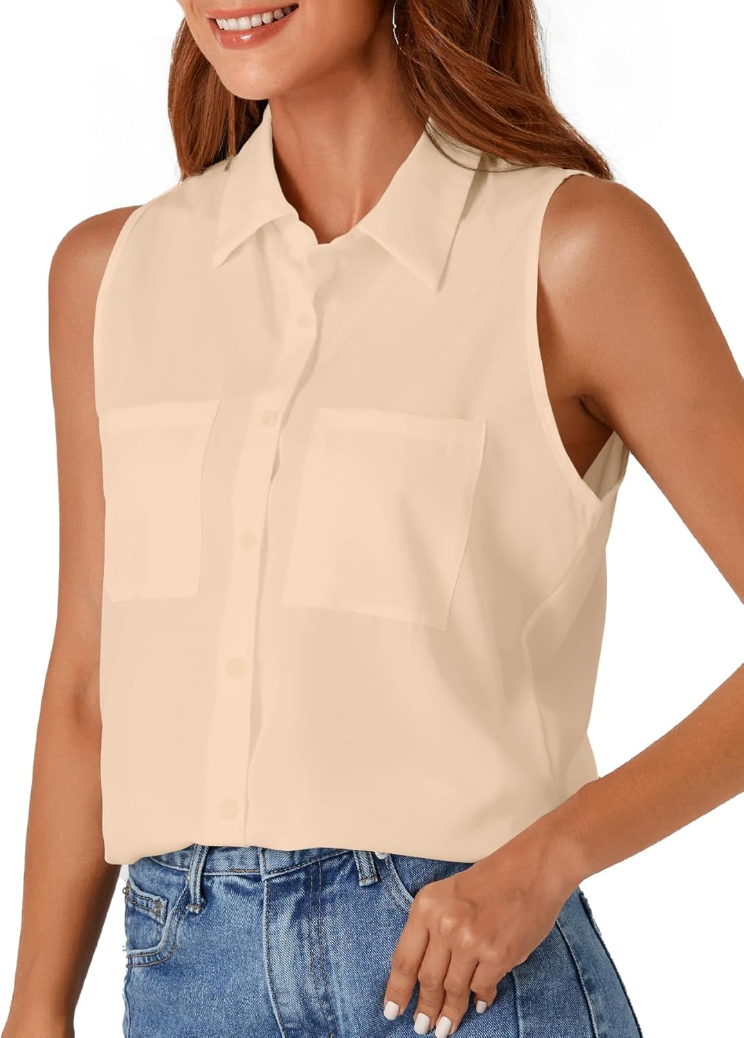 Rooscier Women's Collar V Neck Sleeveless Button Down Blouse Top Shirt with Pockets Beige X-Small - Image 3