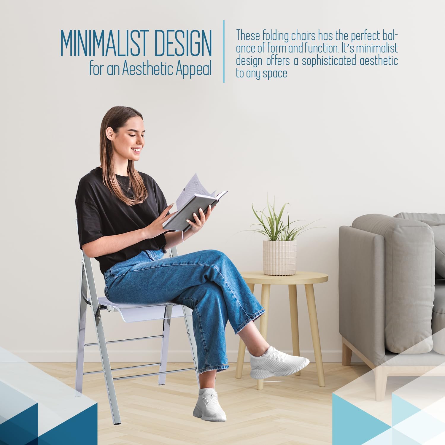 Kasper Flex Modern Acrylic Folding Chairs – Foldable Transparent Clear Lucite Chair with Chromed Steel Frame for Indoor, Outdoor, Dining, Desk, Office, Vanity – Silver, Set of 2