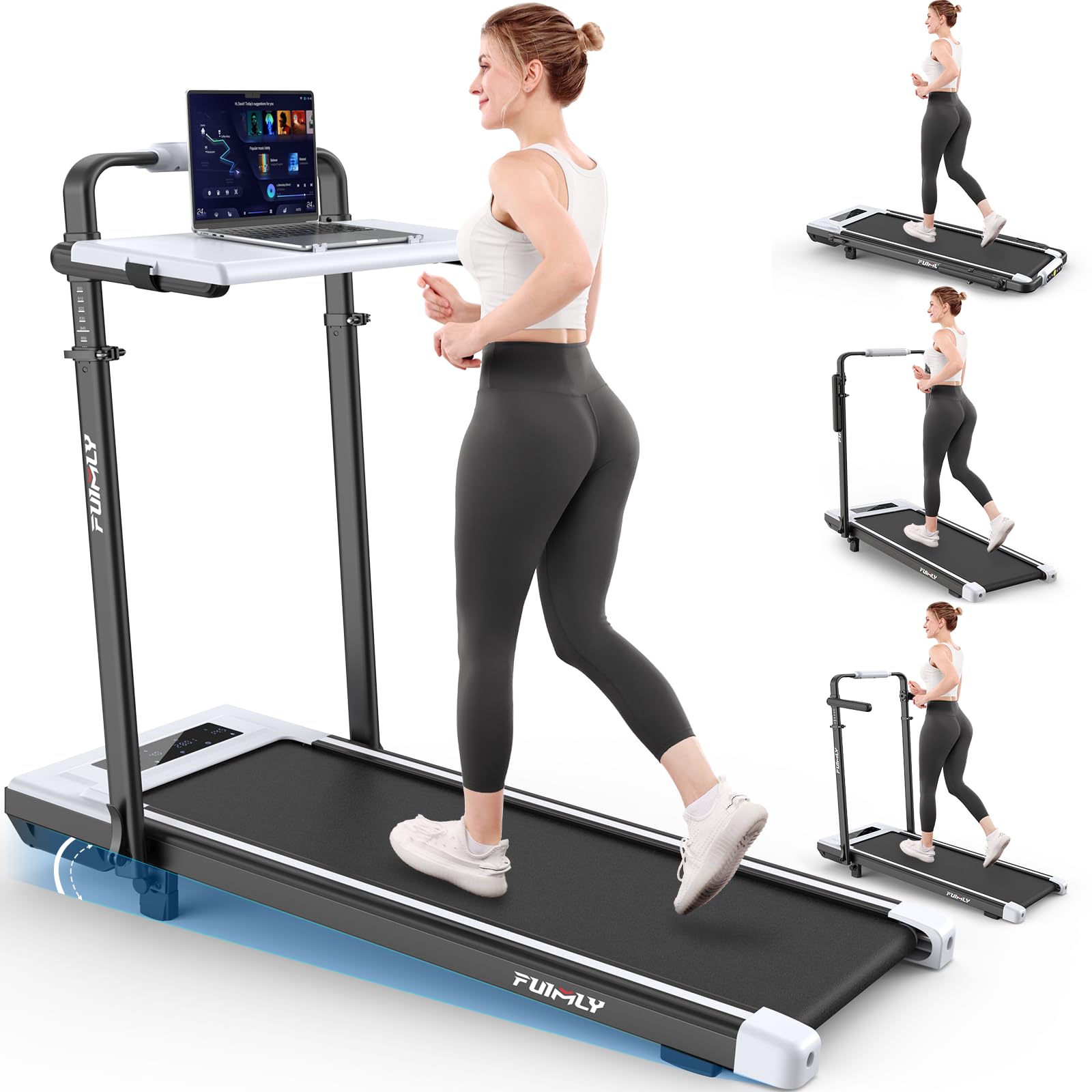 Walking Pad Treadmill with Desk Workstation, 15% Incline Treadmill with Handle Bar, Foldable Treadmills Under Desk for Home/Office, 400 lbs+ Capacity, Adjustable Height, Removable Desk, 3.5HP Motor