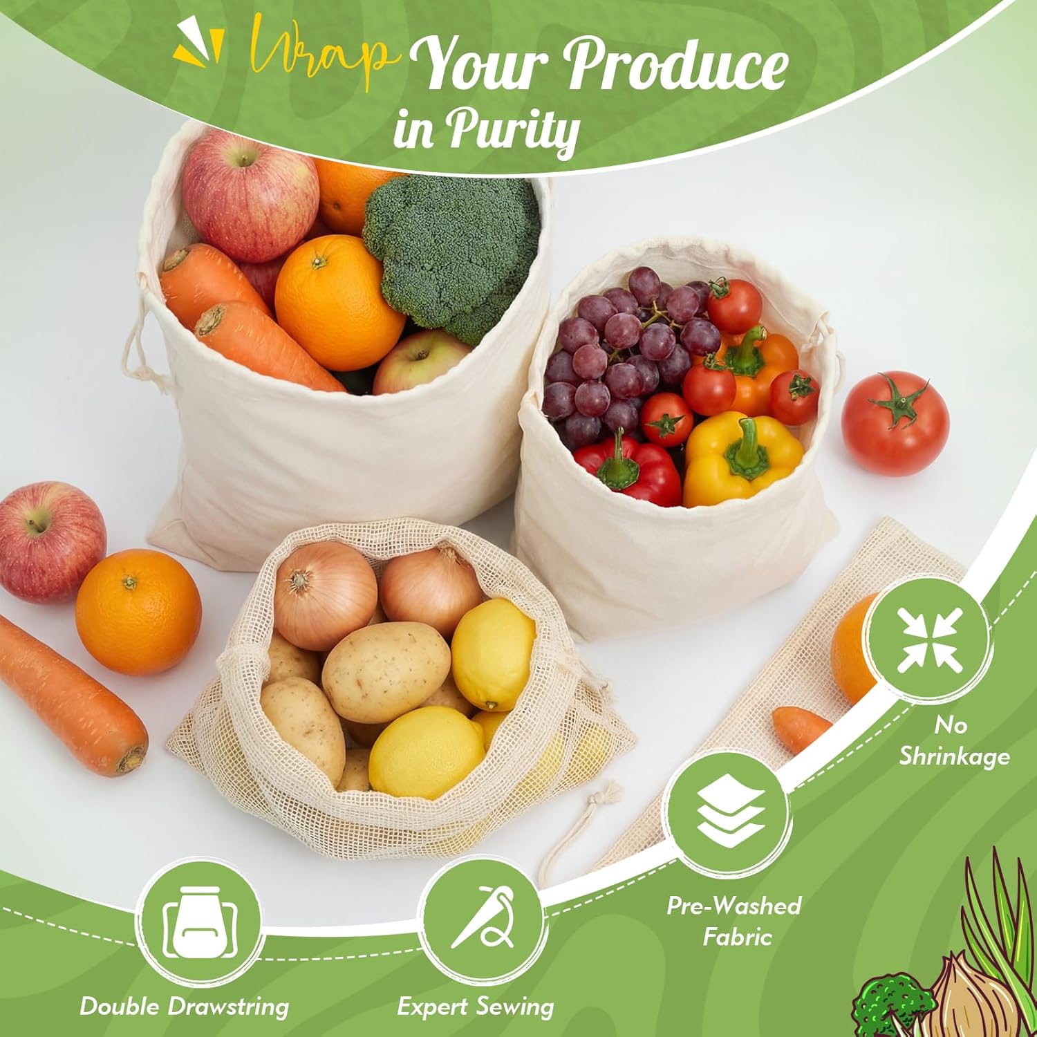 18 Pcs Reusable Produce Bags Washable Set- 6 Muslin Cotton Drawstring Bags +12 Cotton Mesh Produce Bag Lightweight Heavy Duty Durable for Fruit Vegetable Grocery Storage