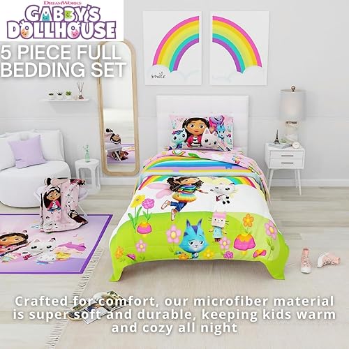 Miniatura 2 de Franco DreamWorks Gabby's Dollhouse Cakey, Mercat and Pandy - Juego de sábanas y edredón súper suaves para niños, 5 piezas, tamaño matrimonial,