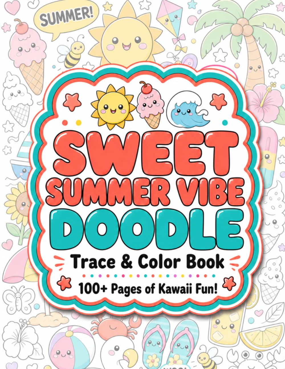 Sweet Summer Vibe Doodle Trace & Color Book: Cute Kawaii Beach Scenes, Ice Cream, Ocean Life, Tropical Fruits, and Sunny Day Doodles for Kids and Teens